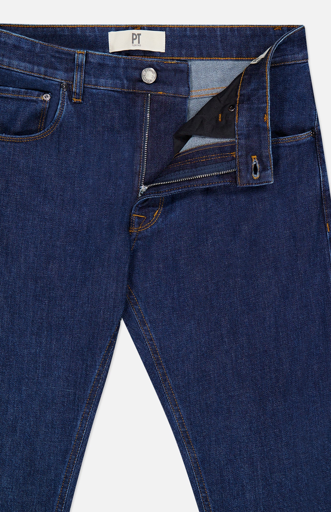 The Stretch Japan Denim Jeans by PT TORINO are dark blue, made from premium Japanese denim, with a metal button, zipper fly, yellow stitching, classic 5-pocket style, and partially visible inner waistband and pocket lining.