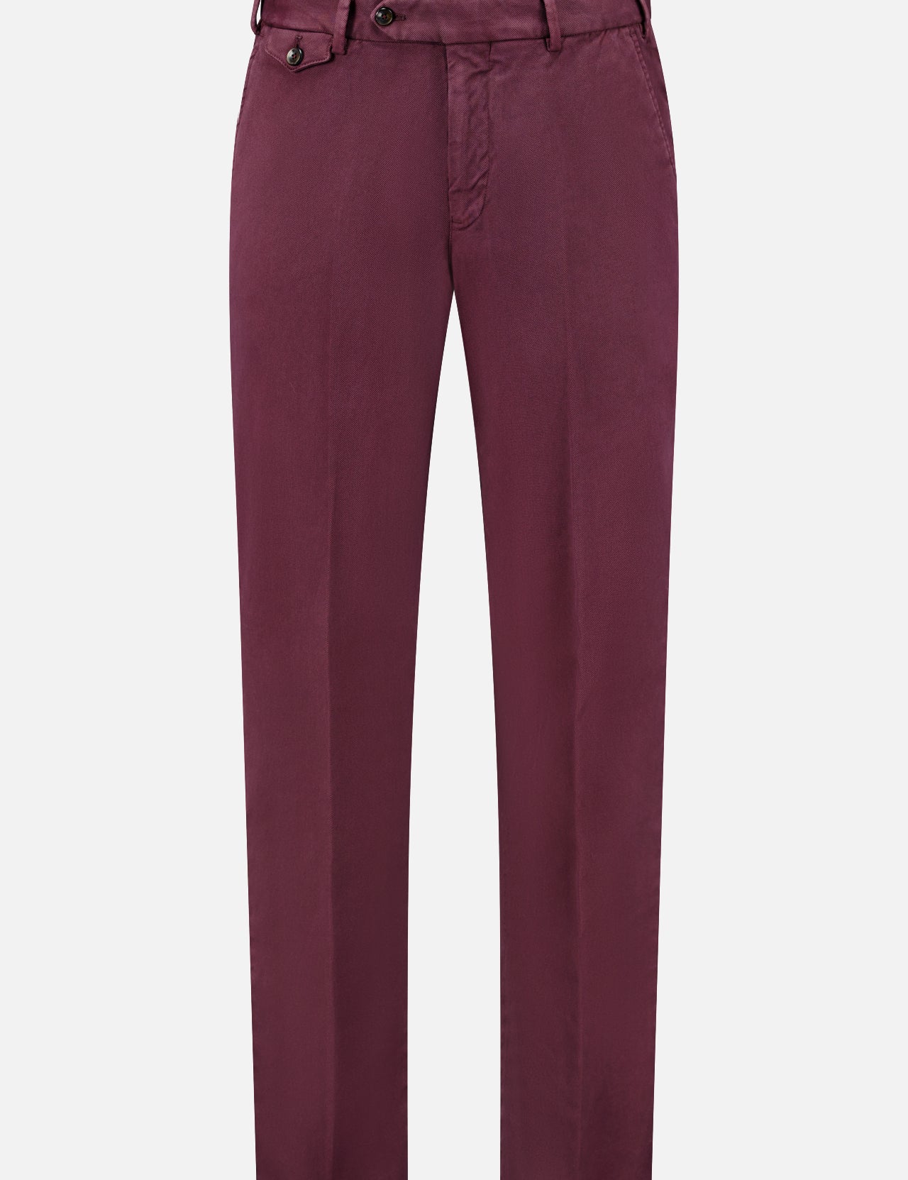 The PT TORINO Stretch Overdyed Solaro Trouser Pant features a rich maroon hue, complete with belt loops, a front button and zip closure, and is crafted from a comfortable cotton-blend fabric—ideal for professional dressing. Shown against a white background.