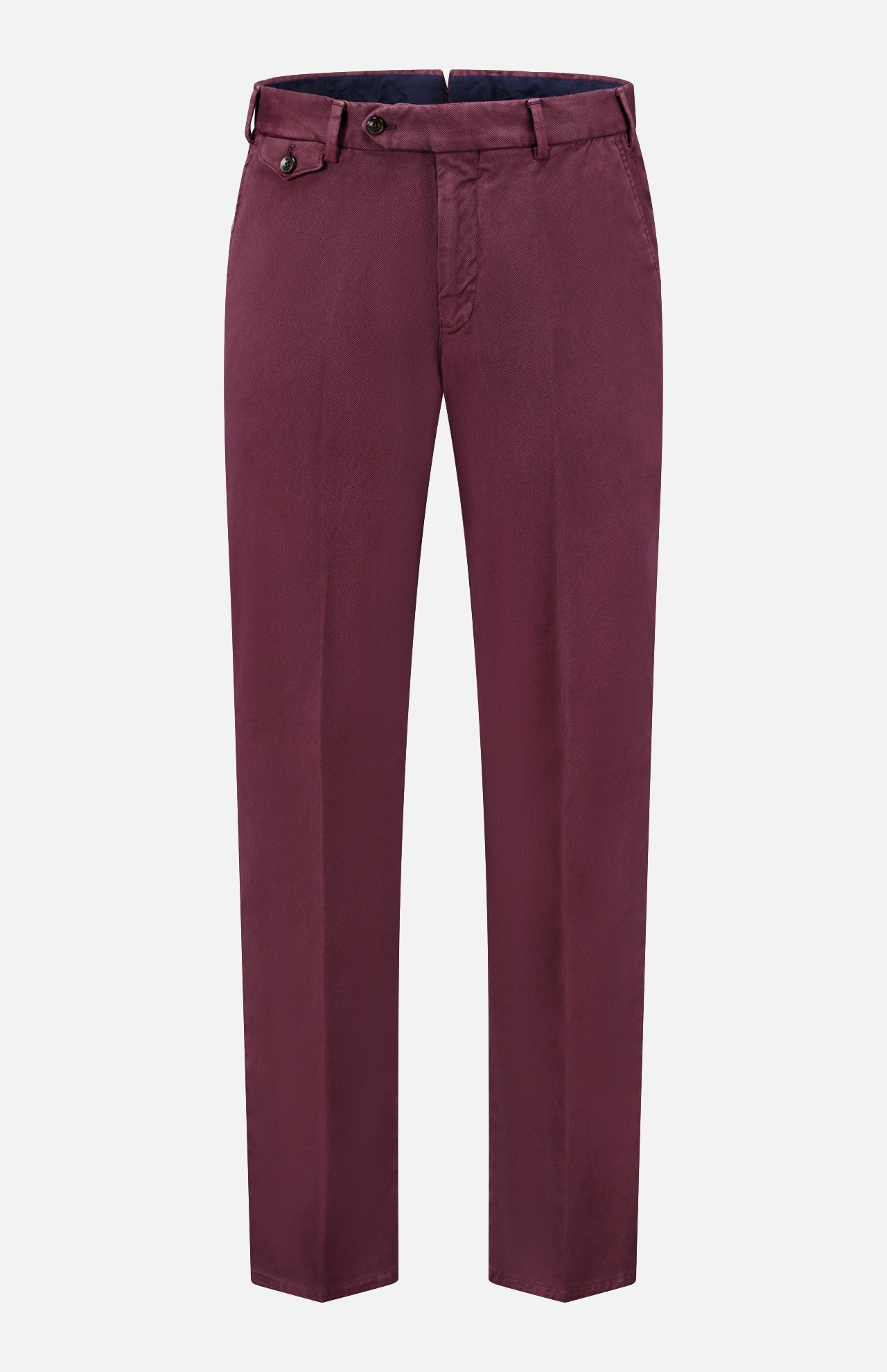 The PT TORINO Stretch Overdyed Solaro Trouser Pant features a rich maroon hue, complete with belt loops, a front button and zip closure, and is crafted from a comfortable cotton-blend fabric—ideal for professional dressing. Shown against a white background.
