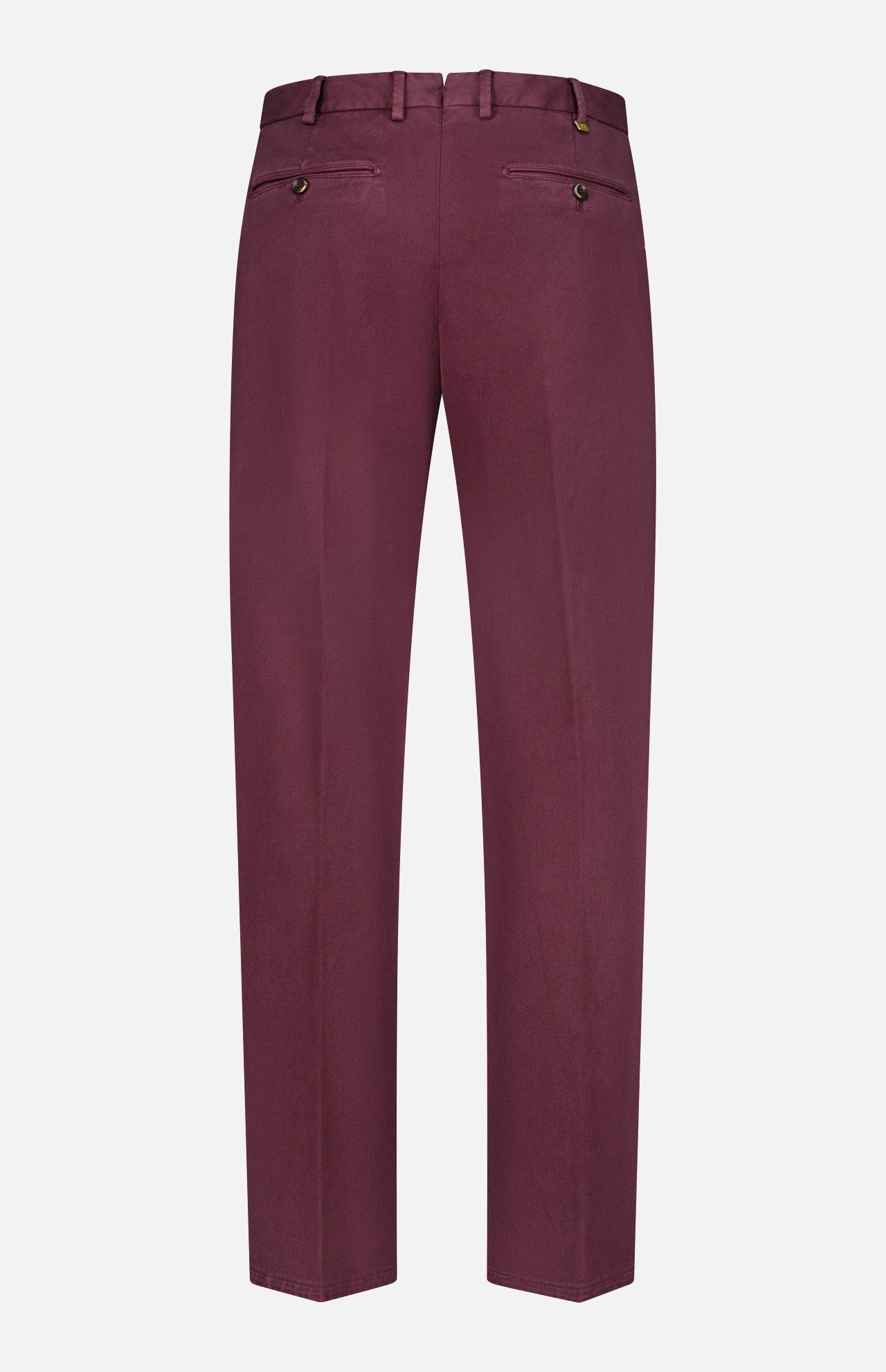 Showcased against a plain white background, the PT TORINO Stretch Overdyed Solaro Trouser Pant in burgundy features a tailored fit with belt loops and two back buttoned welt pockets—an ideal choice for polished professional attire.