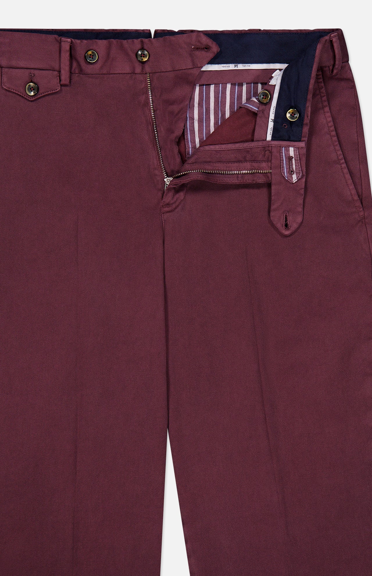 The Stretch Overdyed Solaro Trouser Pant by PT TORINO is crafted in a soft, maroon cotton-blend fabric and features a fly that unzips to reveal a striped inner lining and dark waistband. Designed with convenient buttons and belt loops, these burgundy trousers are ideal for professional dressing.