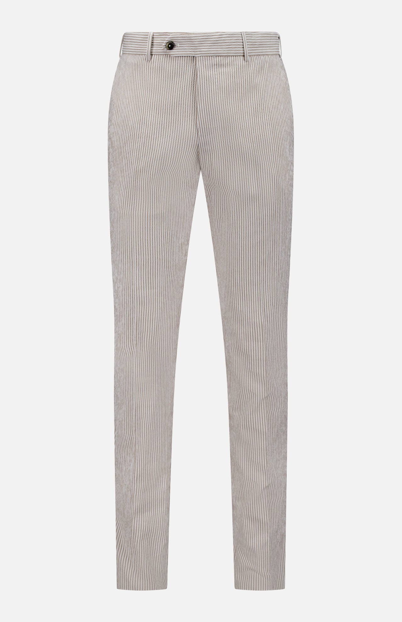PT TORINO’s Summer Stretch Pinstripe Seersucker Slim Jogger features light brown pinstripes, slim fit, belt loops, and zip-front closure—stylish and ideal for warm weather. Shown on a white background.