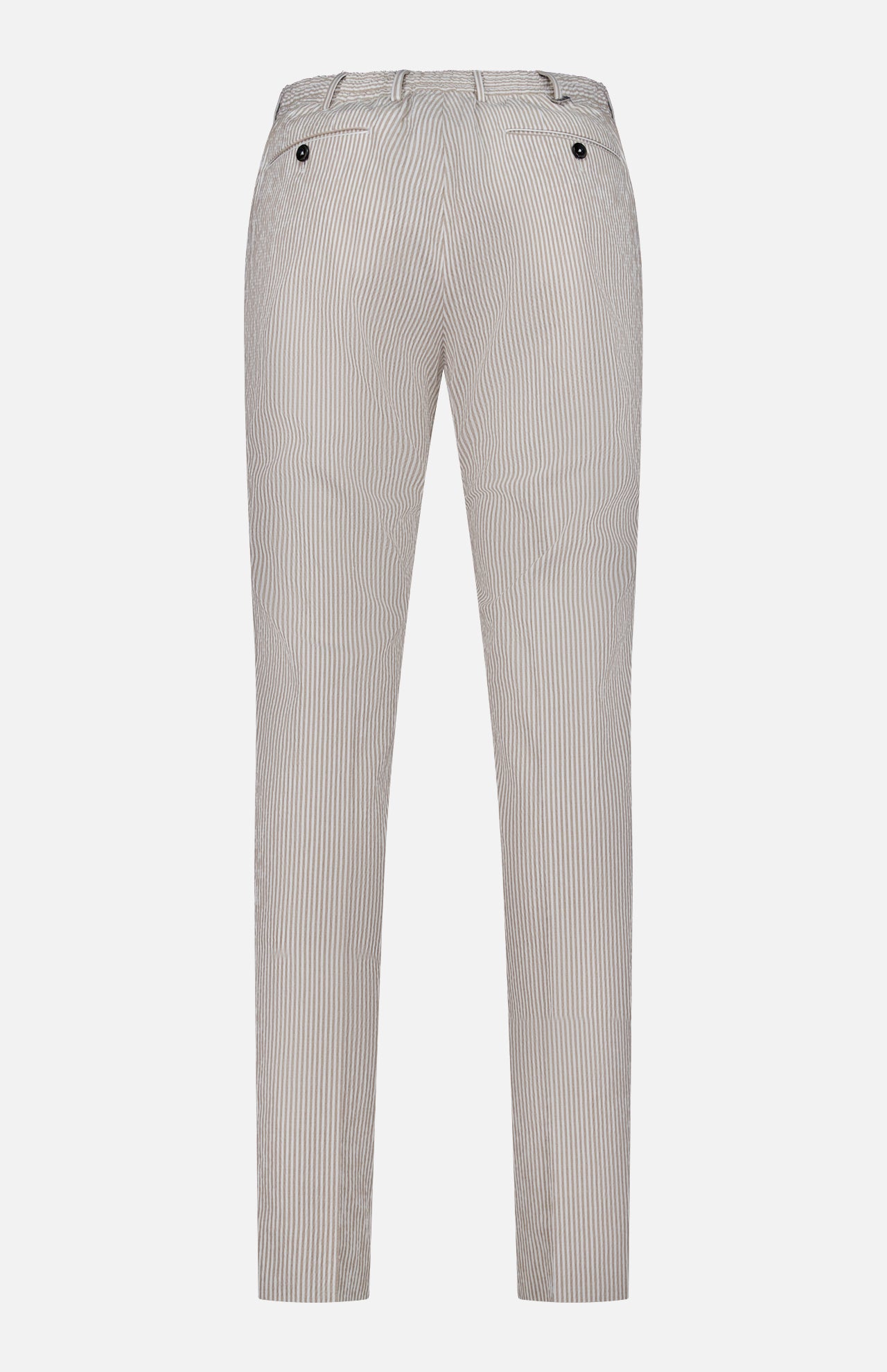 Back view of PT TORINO’s Summer Stretch Pinstripe Seersucker Slim Jogger in light brown, featuring thin vertical stripes, two buttoned back pockets, and belt loops—ideal warm-weather trousers.