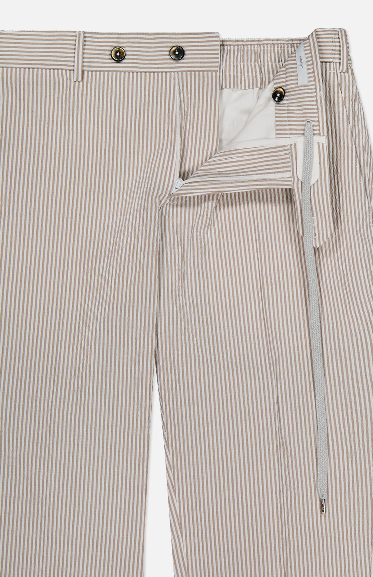 The PT TORINO Summer Stretch Pinstripe Seersucker Slim Jogger features beige and white stripes, a drawstring waistband, button and zipper fly, and is partially unzipped to reveal the interior lining—ideal for warm weather.