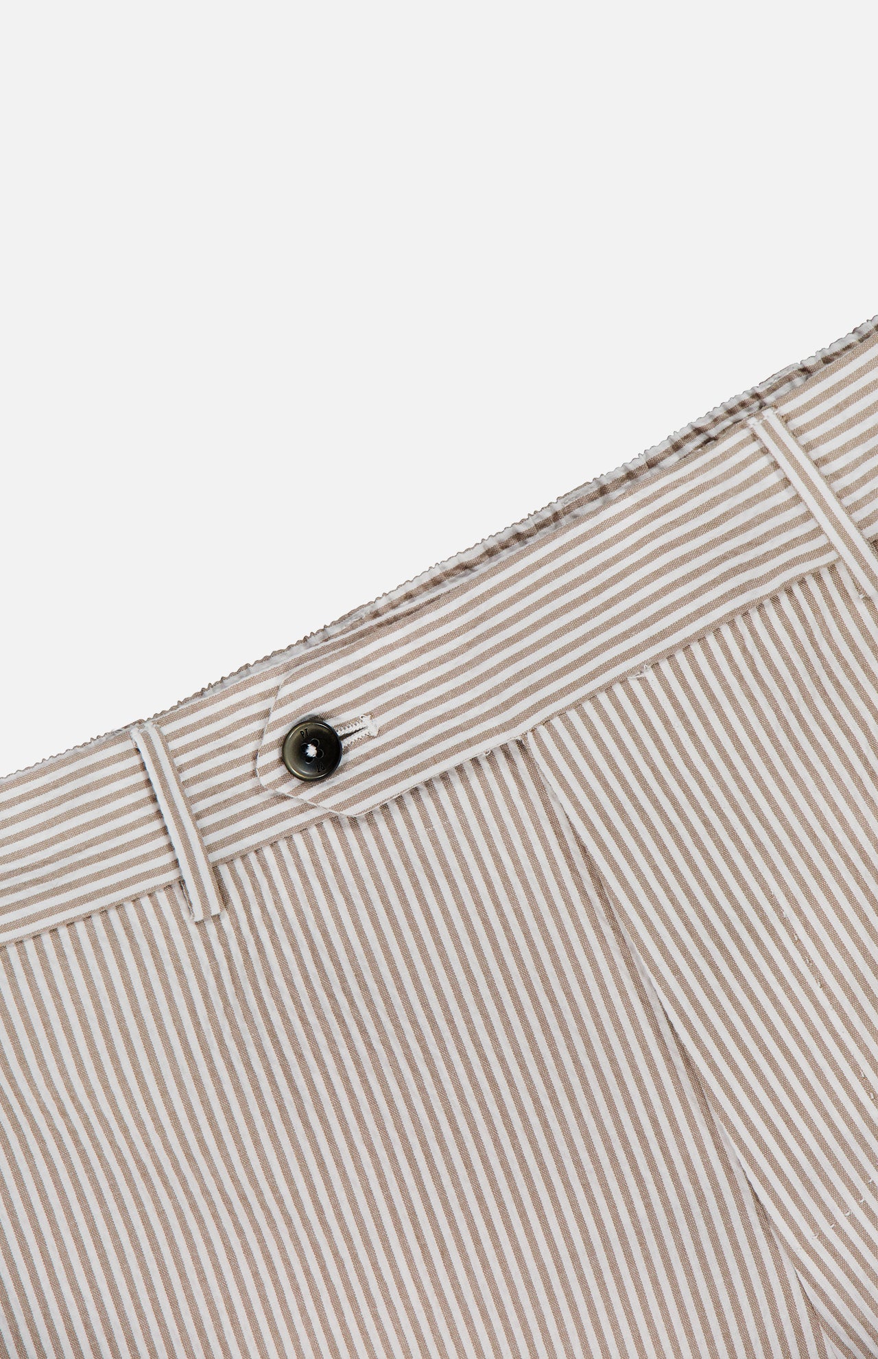 Close-up of PT TORINO's Summer Stretch Pinstripe Seersucker Slim Jogger showcasing a beige and white waistband with belt loop, black button closure, and light brown pinstripes—ideal warm weather joggers.