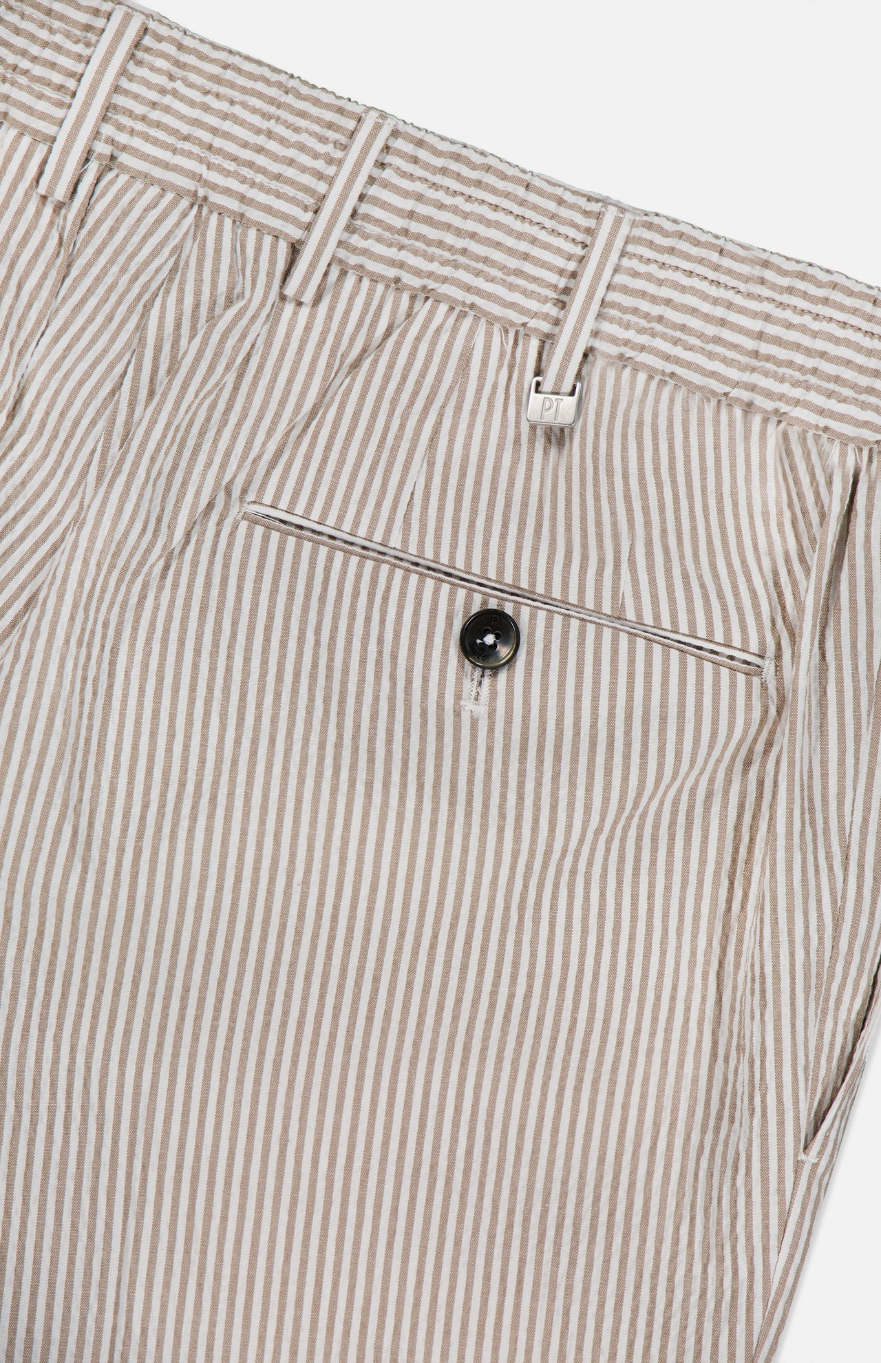 Close-up of PT TORINO’s Summer Stretch Pinstripe Seersucker Slim Jogger, showcasing beige and white stripes, belt loops, waistband, and a buttoned back pocket—ideal lightweight trousers for warm weather.