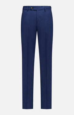 The PT TORINO Summer Stretch Seersucker Slim Jogger Pant, made from lightweight fabric, features a front button and zip, belt loops, and pressed center creases. Shown in navy blue against a plain white background.