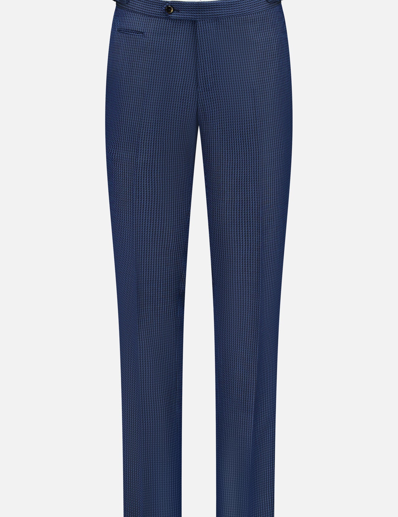 PT TORINO Super 100's Wool Fancy Trouser Pants feature a blue checkered pattern, adjustable side tabs, front button closure, and a single front pocket—an elegant update on classic trousers—shown on a plain white background.