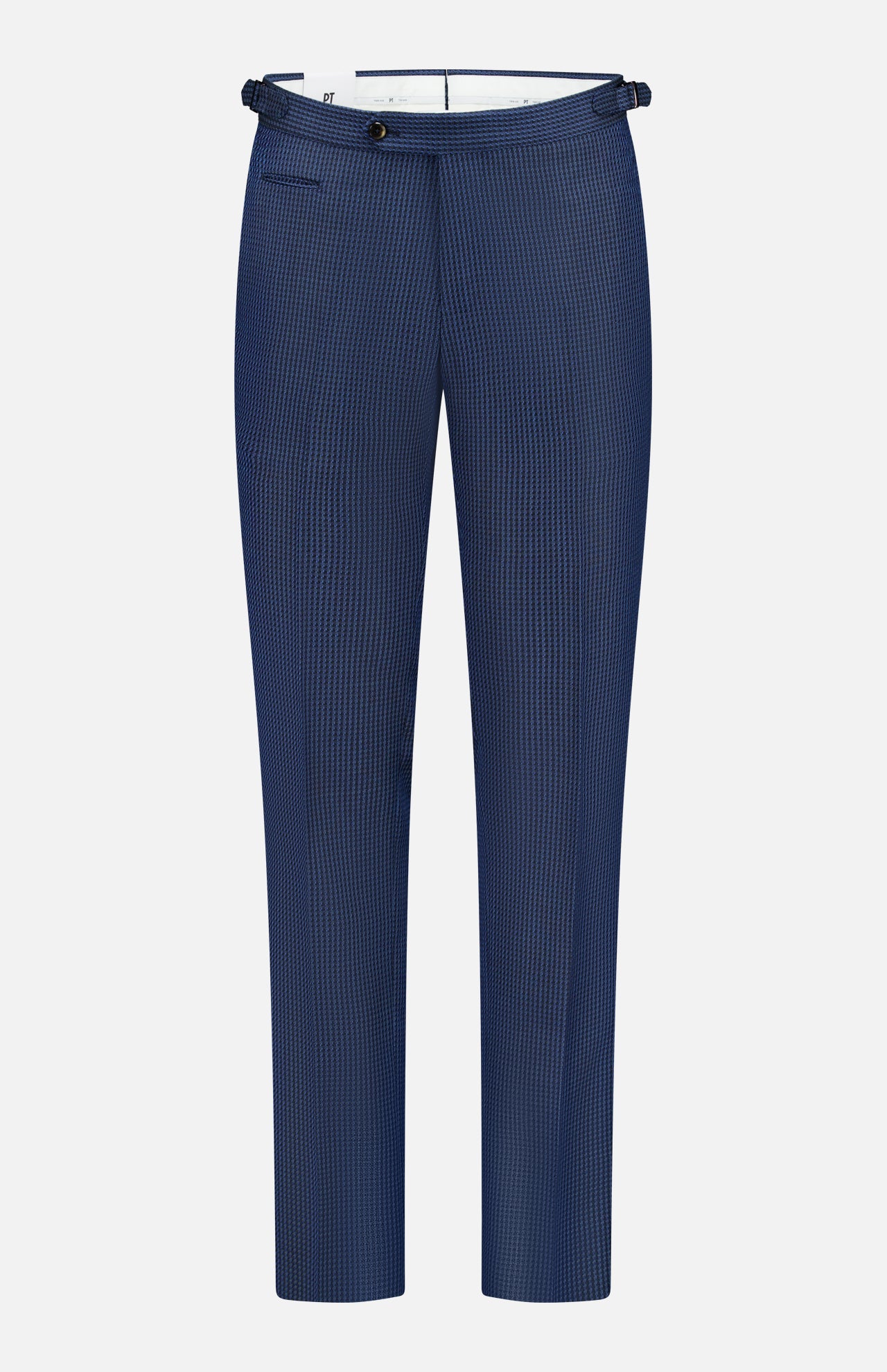 PT TORINO Super 100's Wool Fancy Trouser Pants feature a blue checkered pattern, adjustable side tabs, front button closure, and a single front pocket—an elegant update on classic trousers—shown on a plain white background.