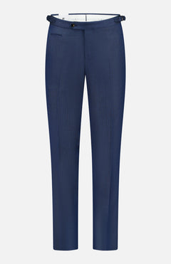 PT TORINO Super 100's Wool Fancy Trouser Pants feature a blue checkered pattern, adjustable side tabs, front button closure, and a single front pocket—an elegant update on classic trousers—shown on a plain white background.