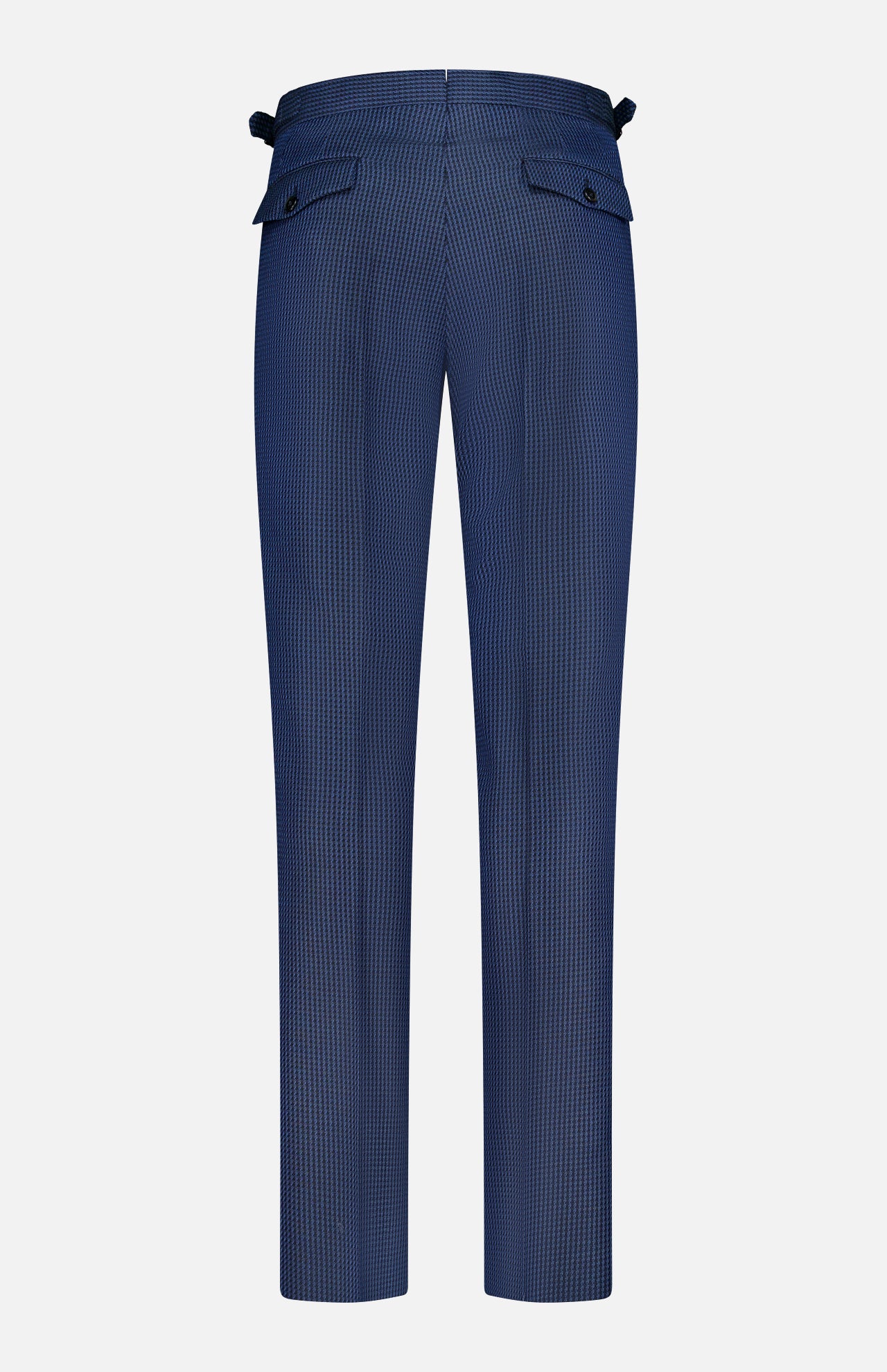 PT TORINO Super 100's Wool Fancy Trouser Pants feature a subtle checkered pattern, side adjusters at the waistband, and back pockets with flaps and buttons—shown here against a plain white background.