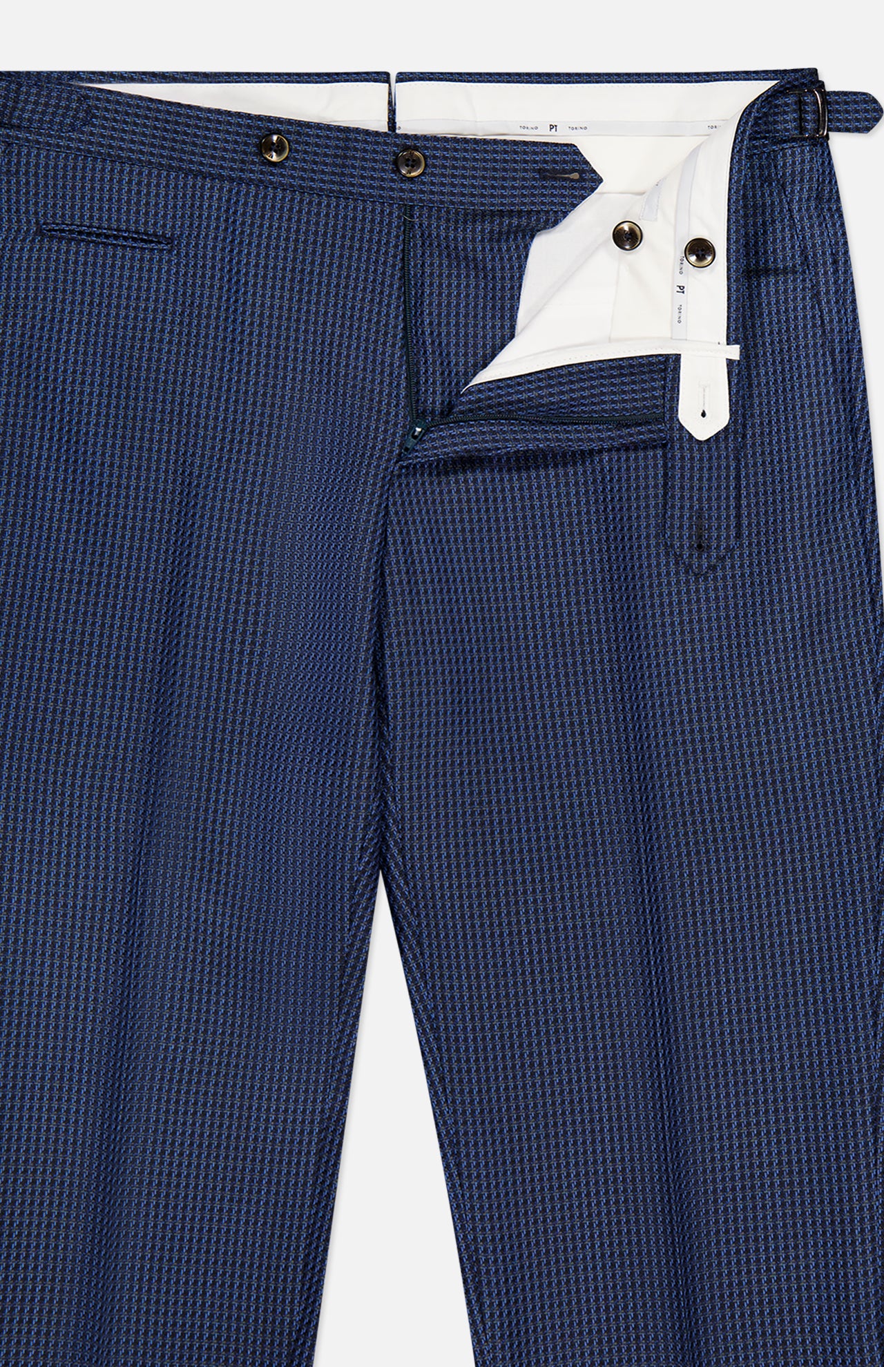 PT TORINO Super 100's Wool Fancy Trouser Pants in navy, featuring a subtle vertical pattern and shown partially unbuttoned to reveal a crisp white inner waistband and lining.