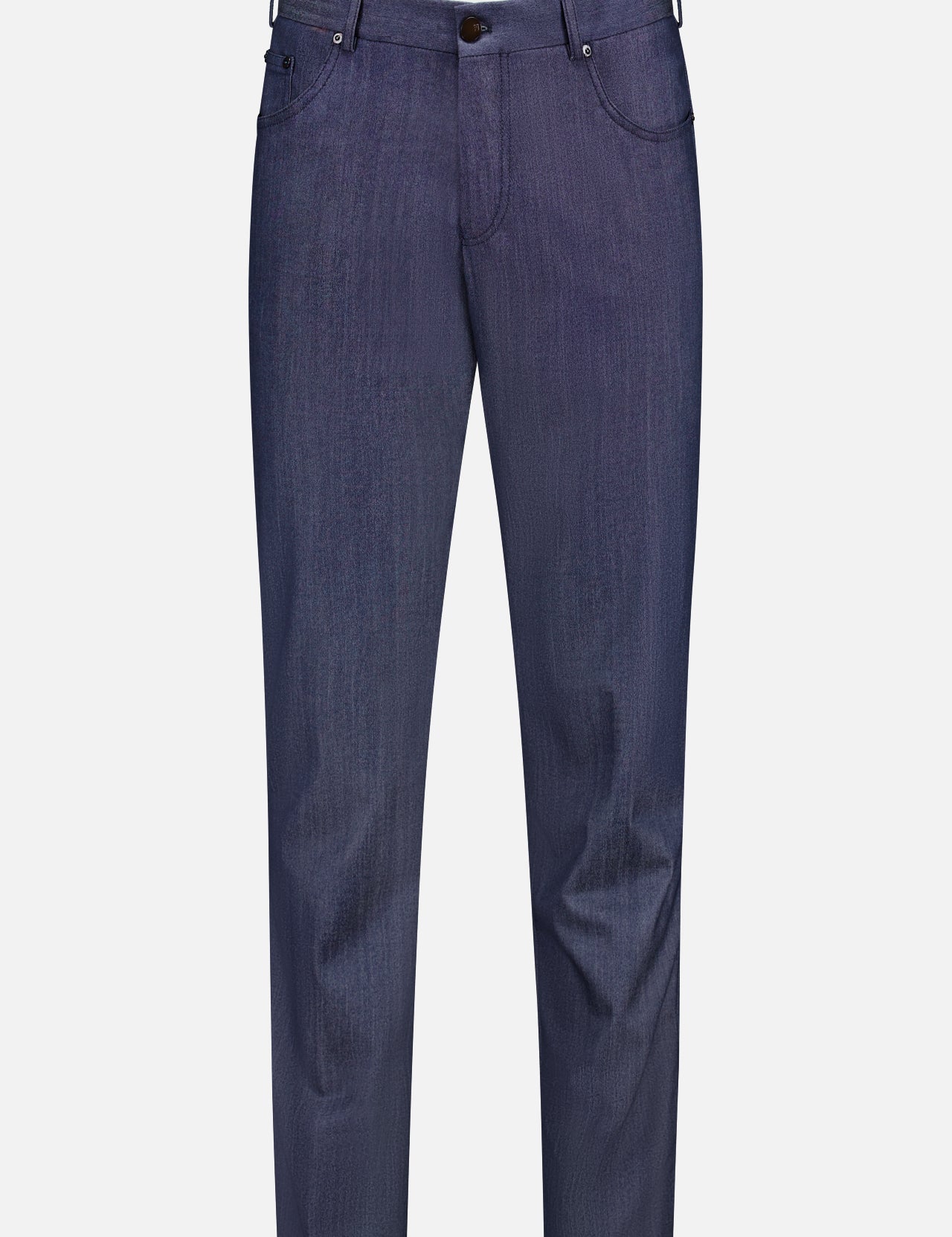 A pair of luxury Thermo Superlight Stretch Wool Trouser Pants by PT TORINO, crafted from premium stretch wool in a rich navy hue, featuring a classic five-pocket design, belt loops, and a button closure, displayed against a plain white background.