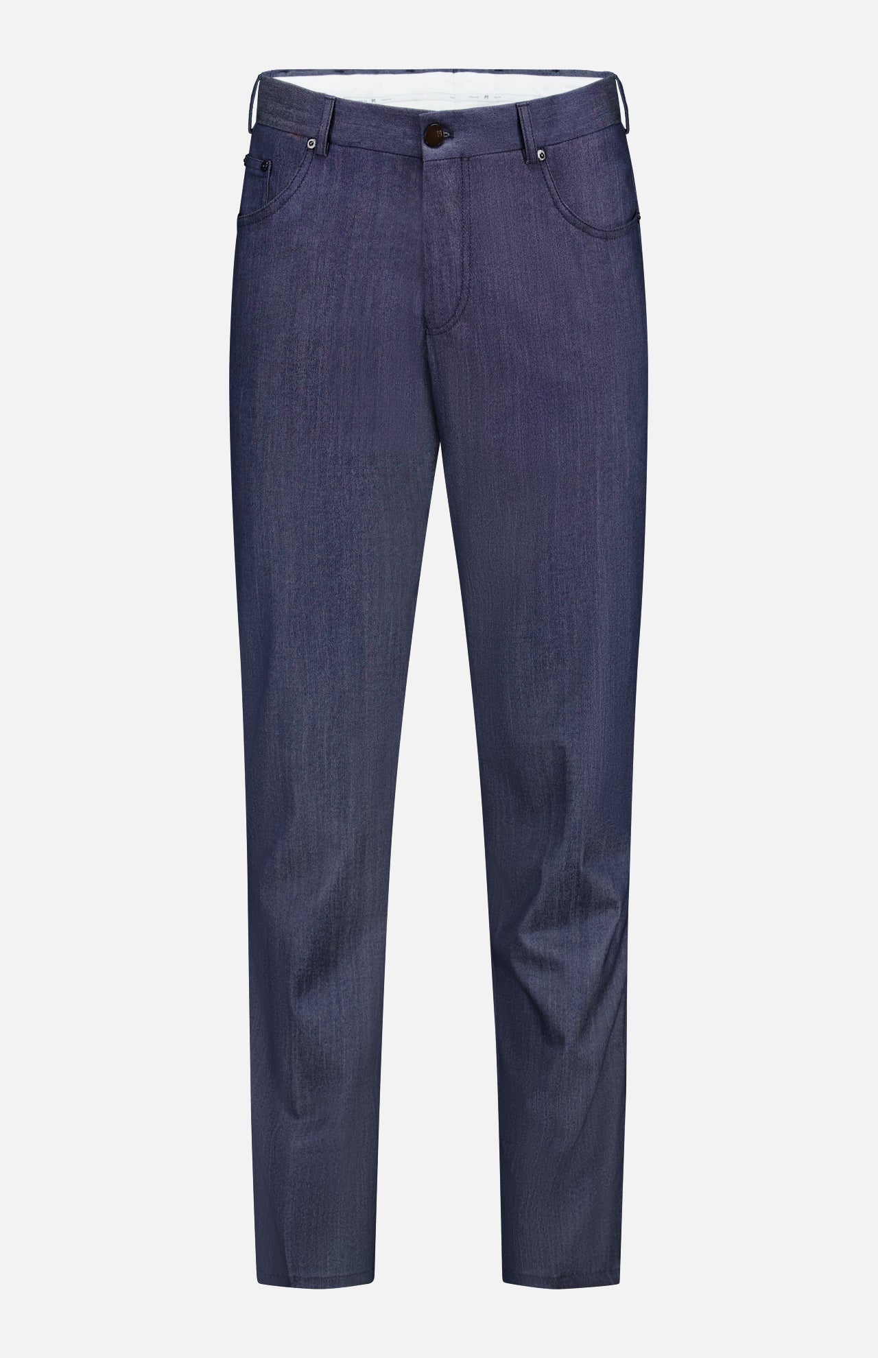 A pair of luxury Thermo Superlight Stretch Wool Trouser Pants by PT TORINO, crafted from premium stretch wool in a rich navy hue, featuring a classic five-pocket design, belt loops, and a button closure, displayed against a plain white background.