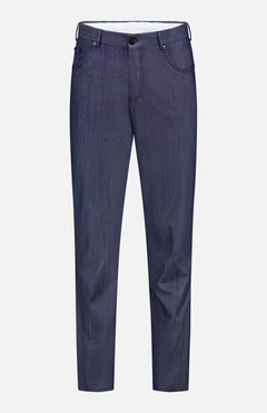 A pair of luxury Thermo Superlight Stretch Wool Trouser Pants by PT TORINO, crafted from premium stretch wool in a rich navy hue, featuring a classic five-pocket design, belt loops, and a button closure, displayed against a plain white background.