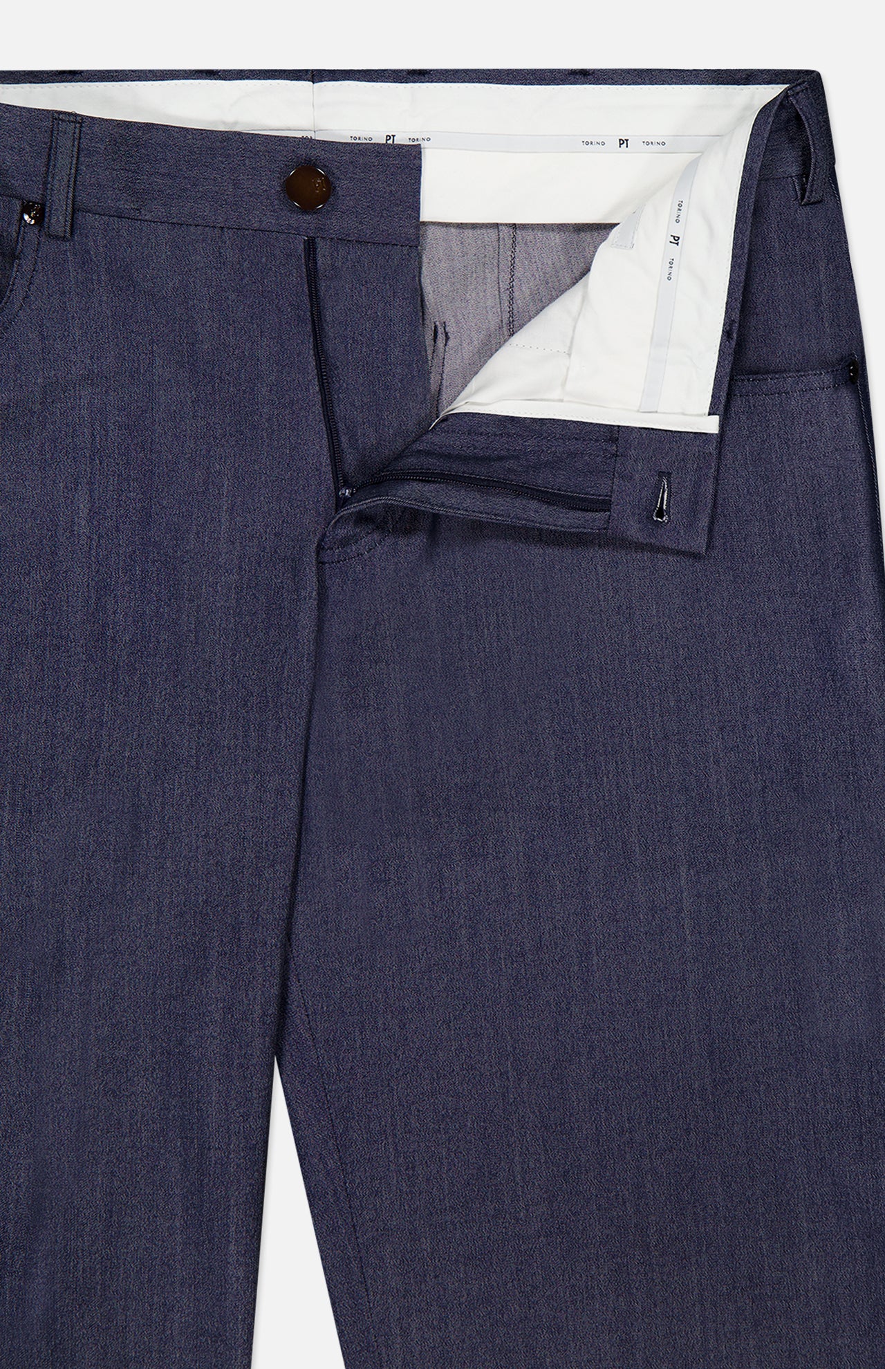 Close-up of PT TORINO Thermo Superlight Stretch Wool Trouser Pants in navy, with the zipper and top button undone to reveal the white inner waistband and lining.