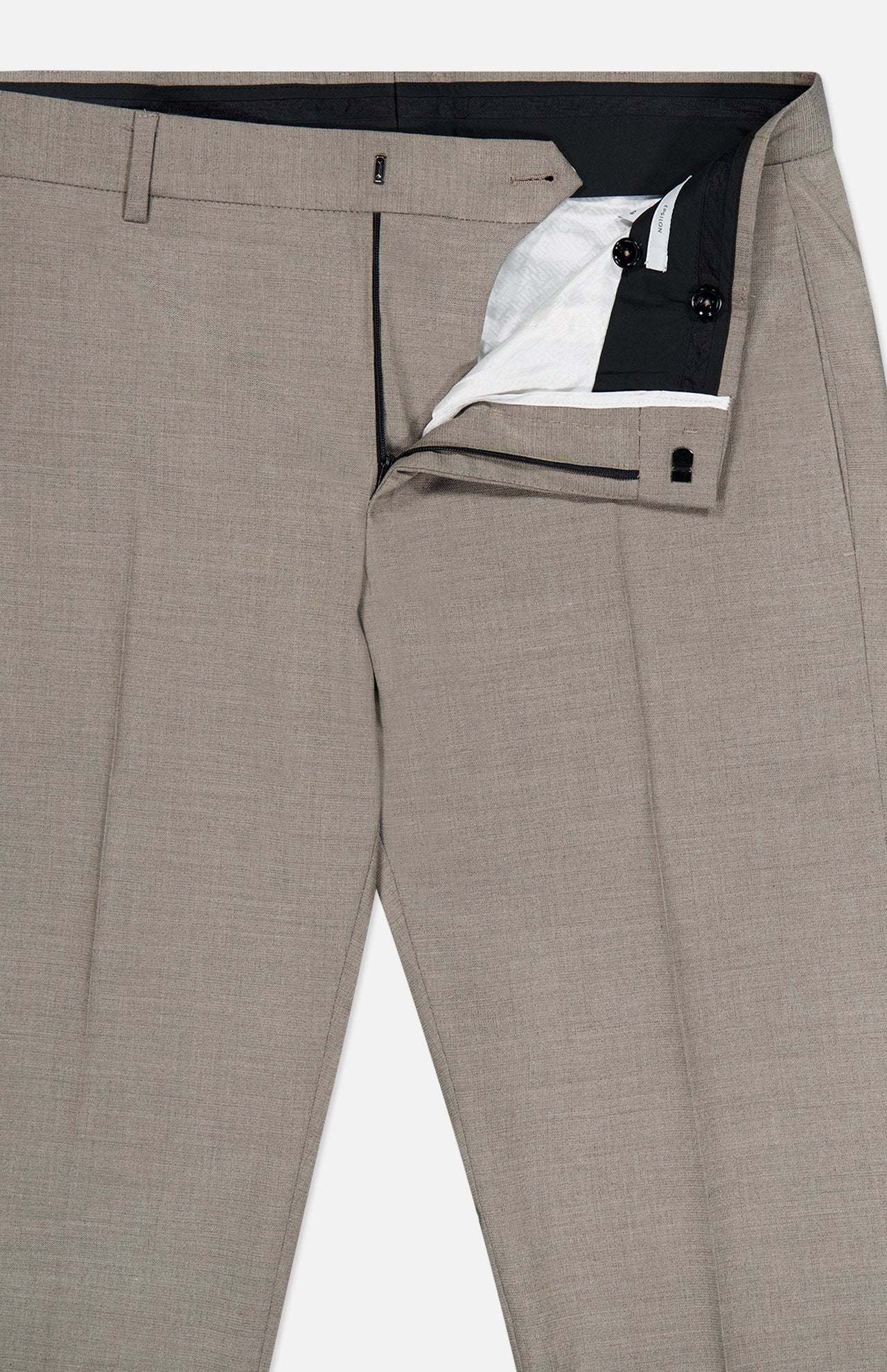 A pair of PT TORINO Traveler Light Stretch Structure Trouser Pants in beige, shown with the front fly unzipped and waistband partially open to display the white inner lining and black button closure. Ideal for workdays or weekends, these travel pants offer a stylish yet comfortable option for those constantly on the move.