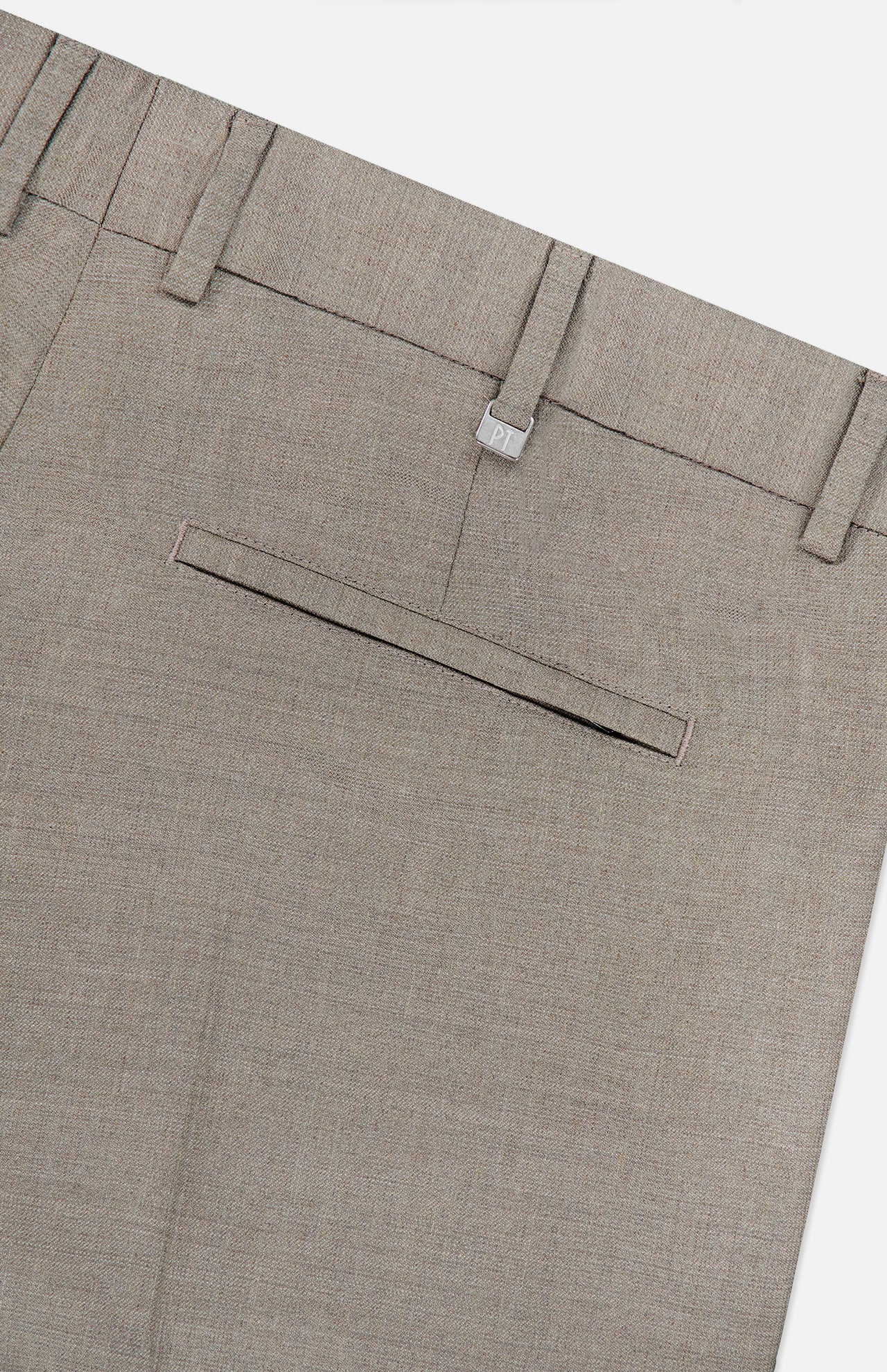 Close-up of the back of the Traveler Light Stretch Structure Trouser Pant by PT TORINO in beige, highlighting a single welt pocket, belt loops, and a small metallic PL tag near the waistband. Expertly tailored from stretch wool for comfort and versatility—ideal for travel and everyday wear.