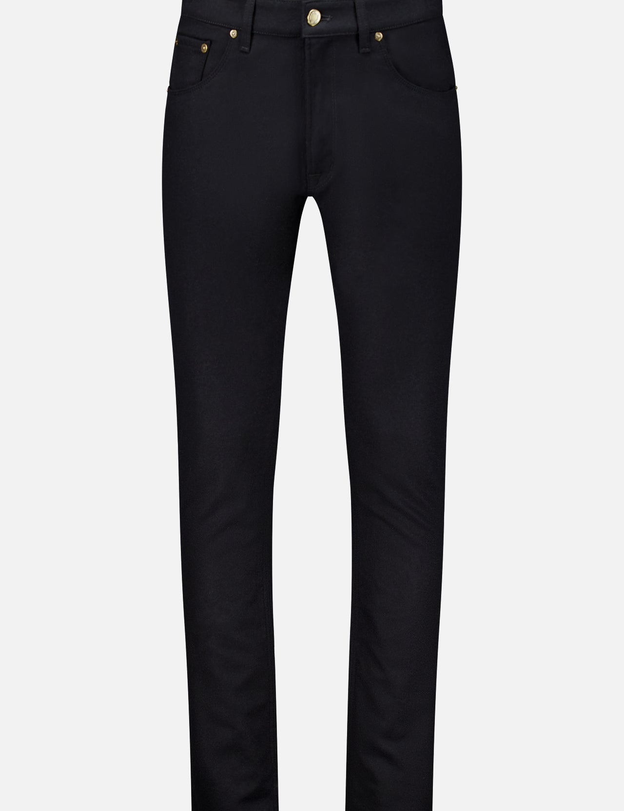 Black Wool & Cashmere Flannel Pants in a five-pocket style with a button fly and metal hardware.