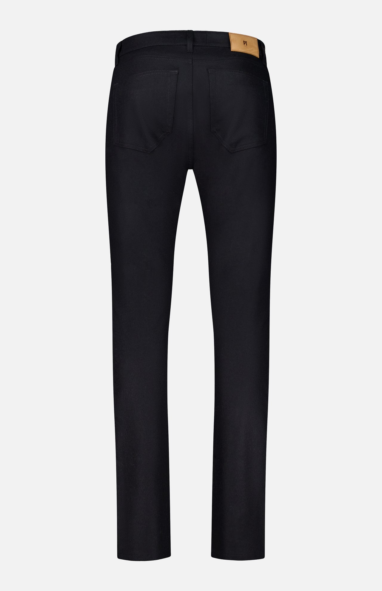 Back view of black PT Torino Wool & Cashmere Flannel five-pocket pants with a tan leather logo patch on the waistband.