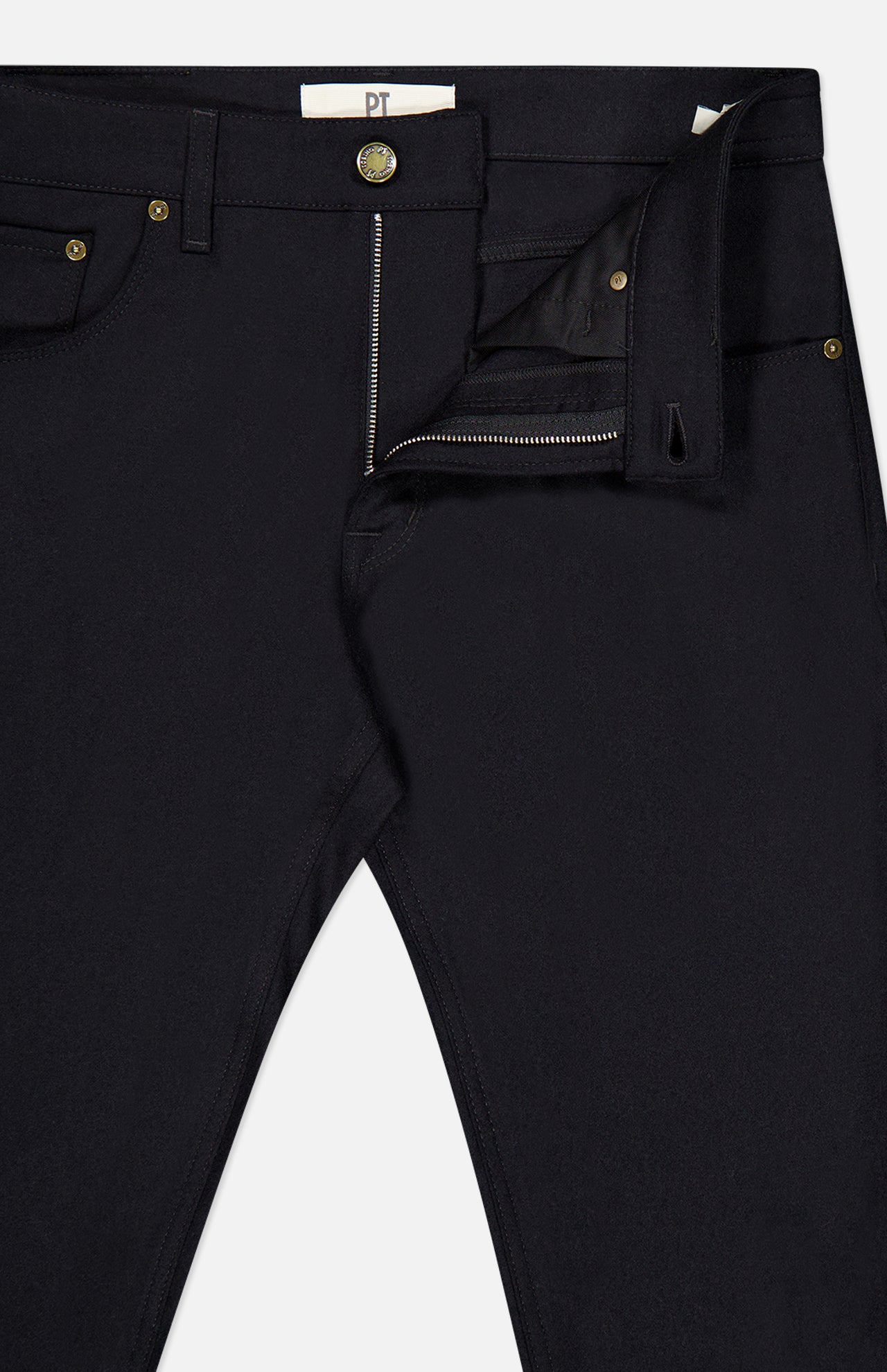 Black PT Torino Wool & Cashmere Flannel Pants in a 5-pocket design with a metal button fly and rivet detailing.