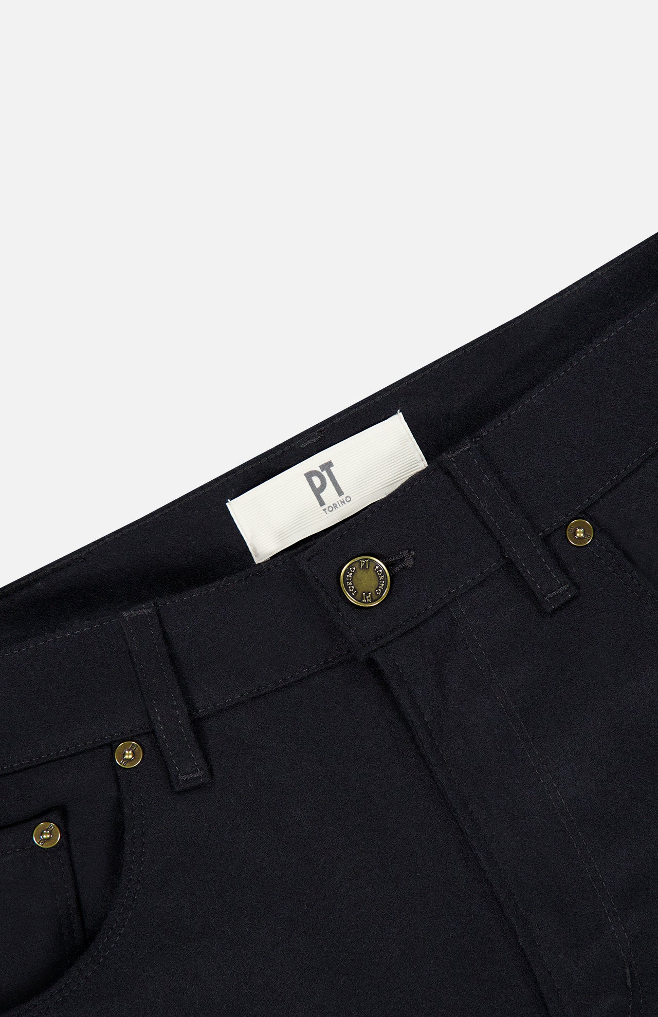 Close-up of the waistband of black Wool & Cashmere Flannel Pants by PT Torino, featuring metal buttons and a white brand label.