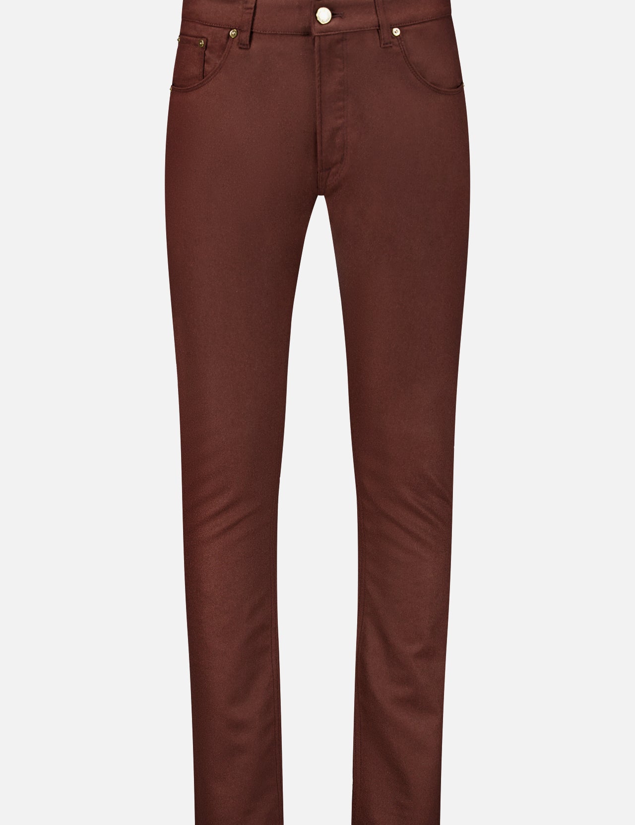 Dark brown PT Torino Wool & Cashmere Flannel five-pocket pants with a button fly.