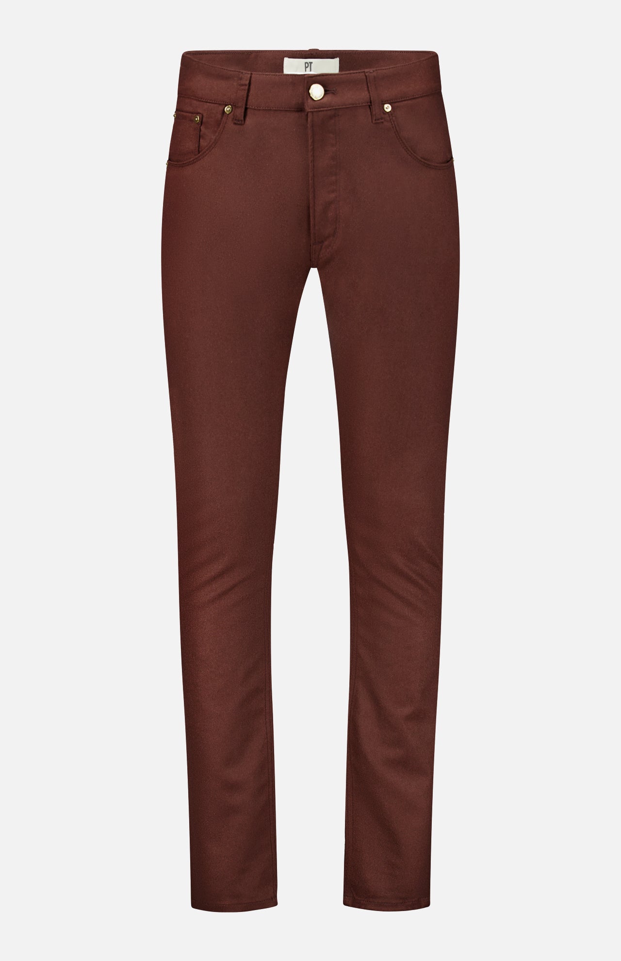 Dark brown PT Torino Wool & Cashmere Flannel five-pocket pants with a button fly.