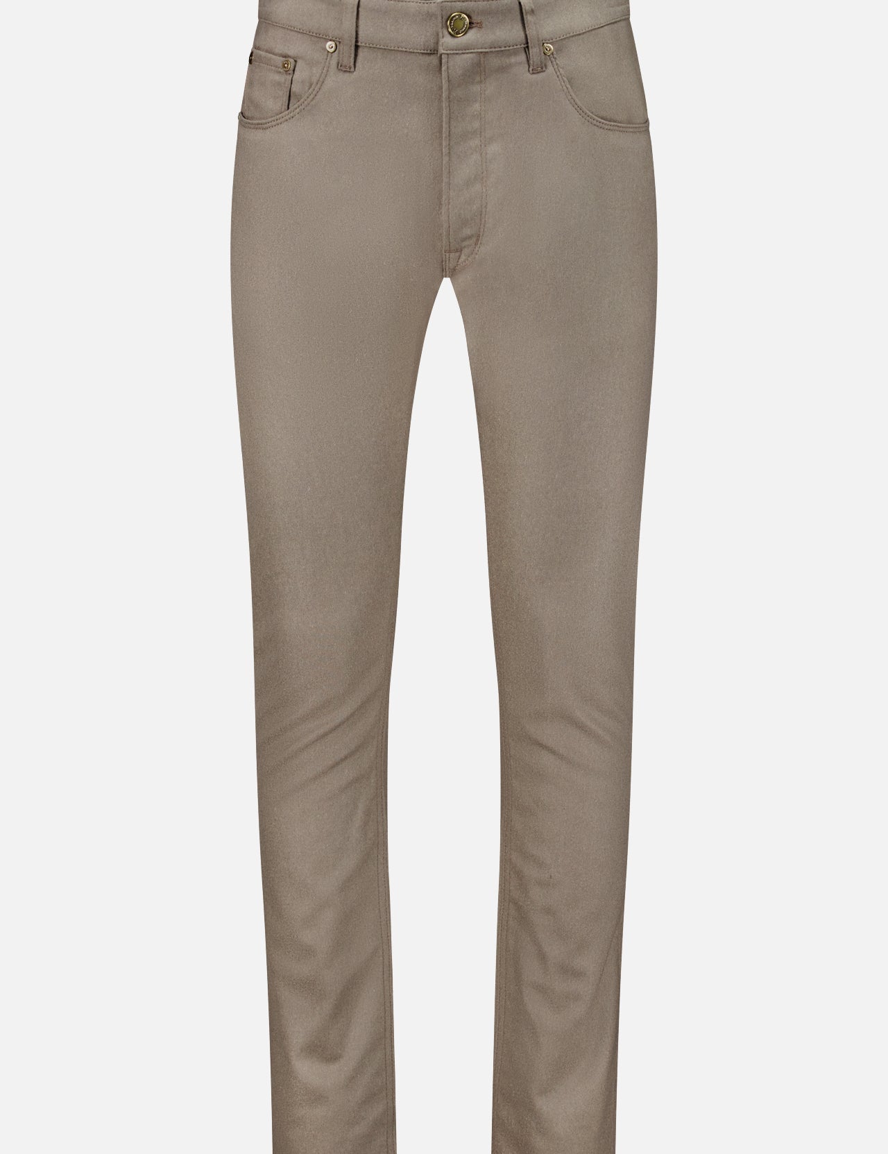 Taupe PT Torino Wool & Cashmere Flannel five-pocket fleece wool pants with a button fly.