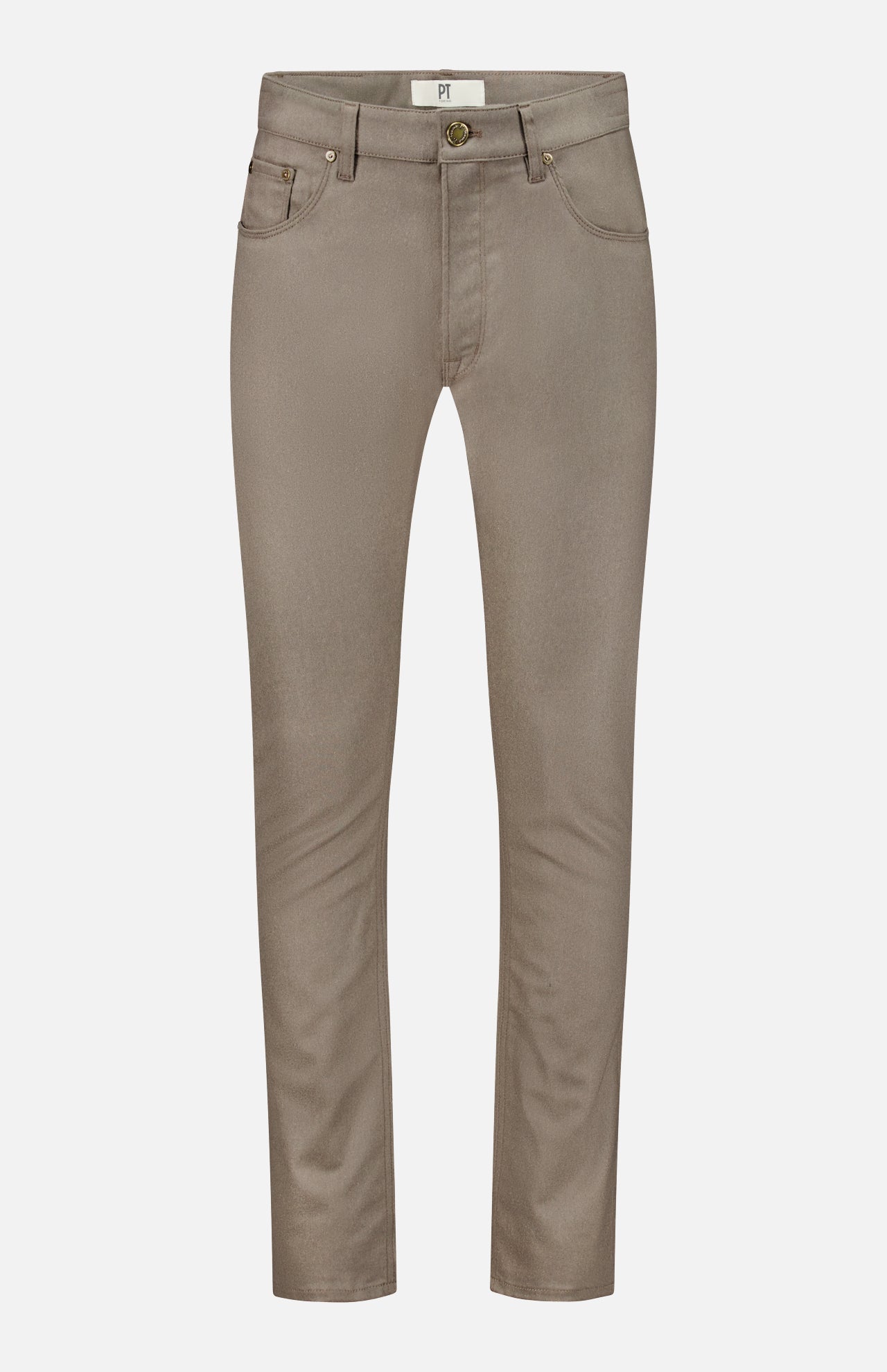 Taupe PT Torino Wool & Cashmere Flannel five-pocket fleece wool pants with a button fly.
