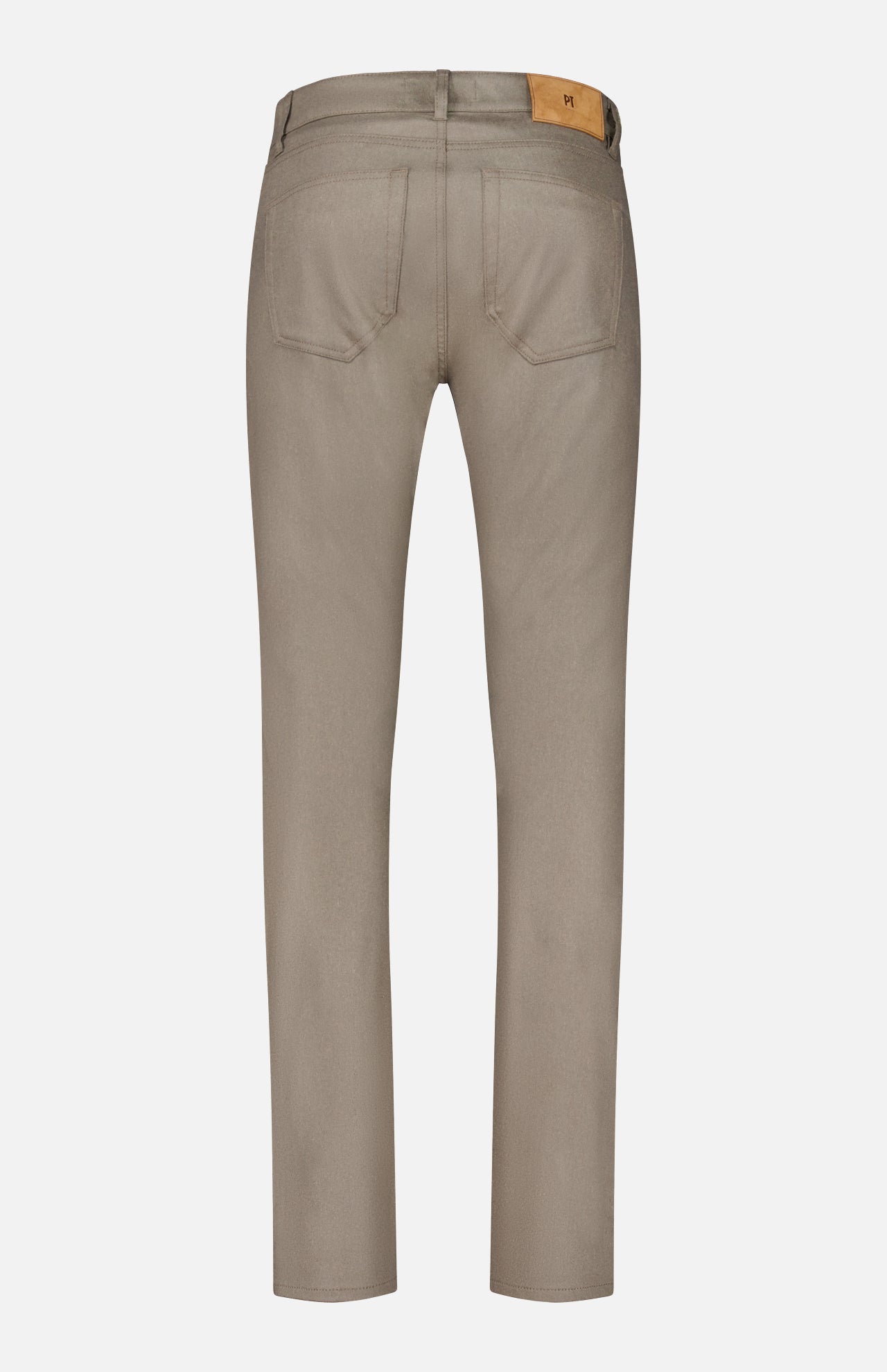 Back view of taupe Wool & Cashmere Flannel Pants in a five-pocket style.
