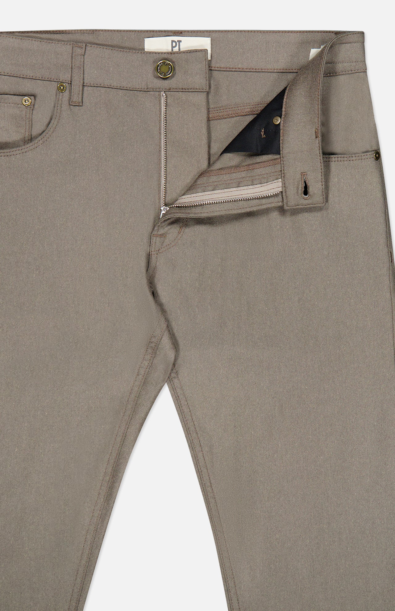Taupe Wool & Cashmere Flannel Pants featuring a five-pocket design, zip fly, and button closure.