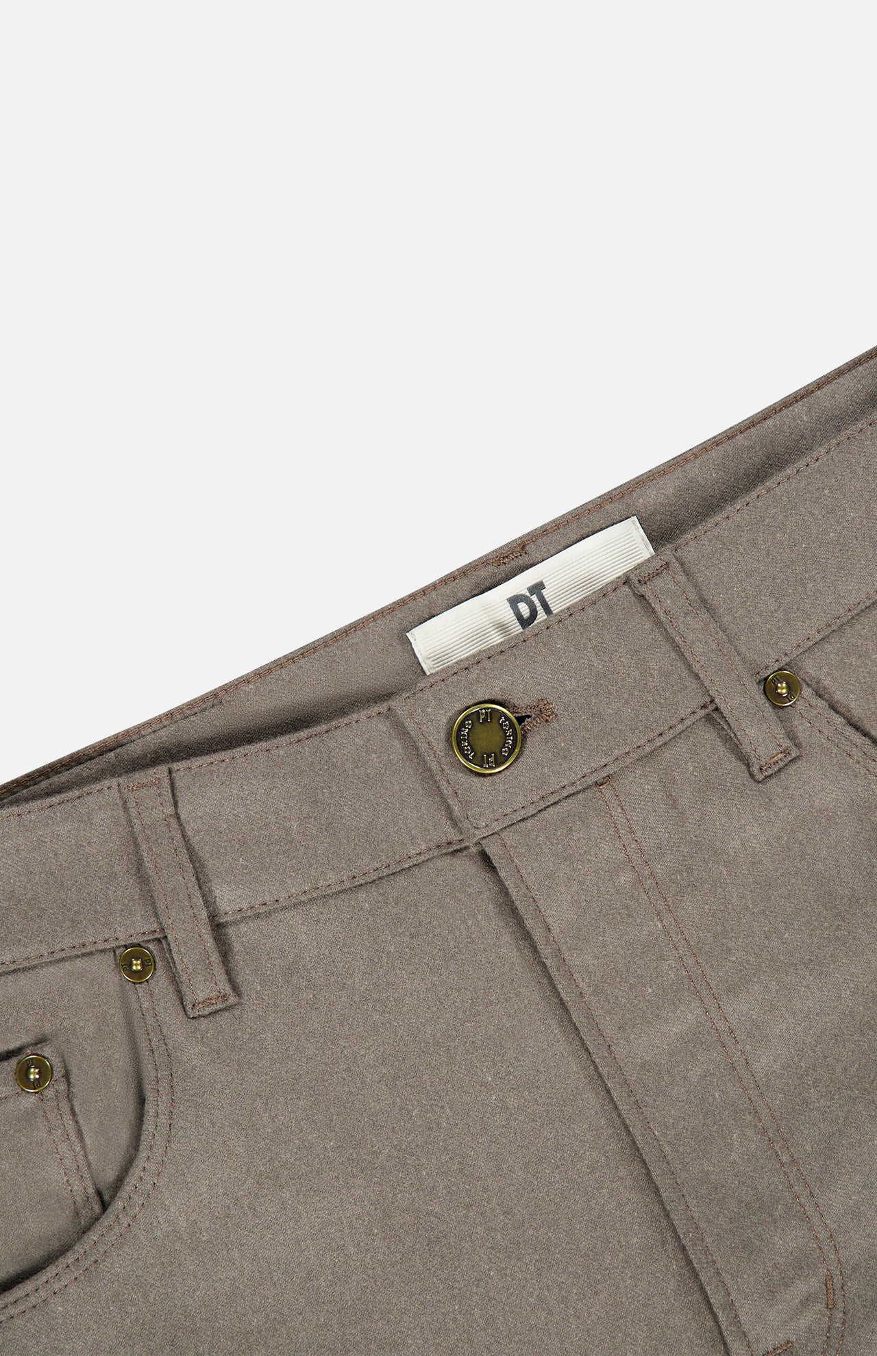 Close-up of the waistband of grey Wool & Cashmere Flannel Pants by PT Torino, featuring a button closure and metal rivets.