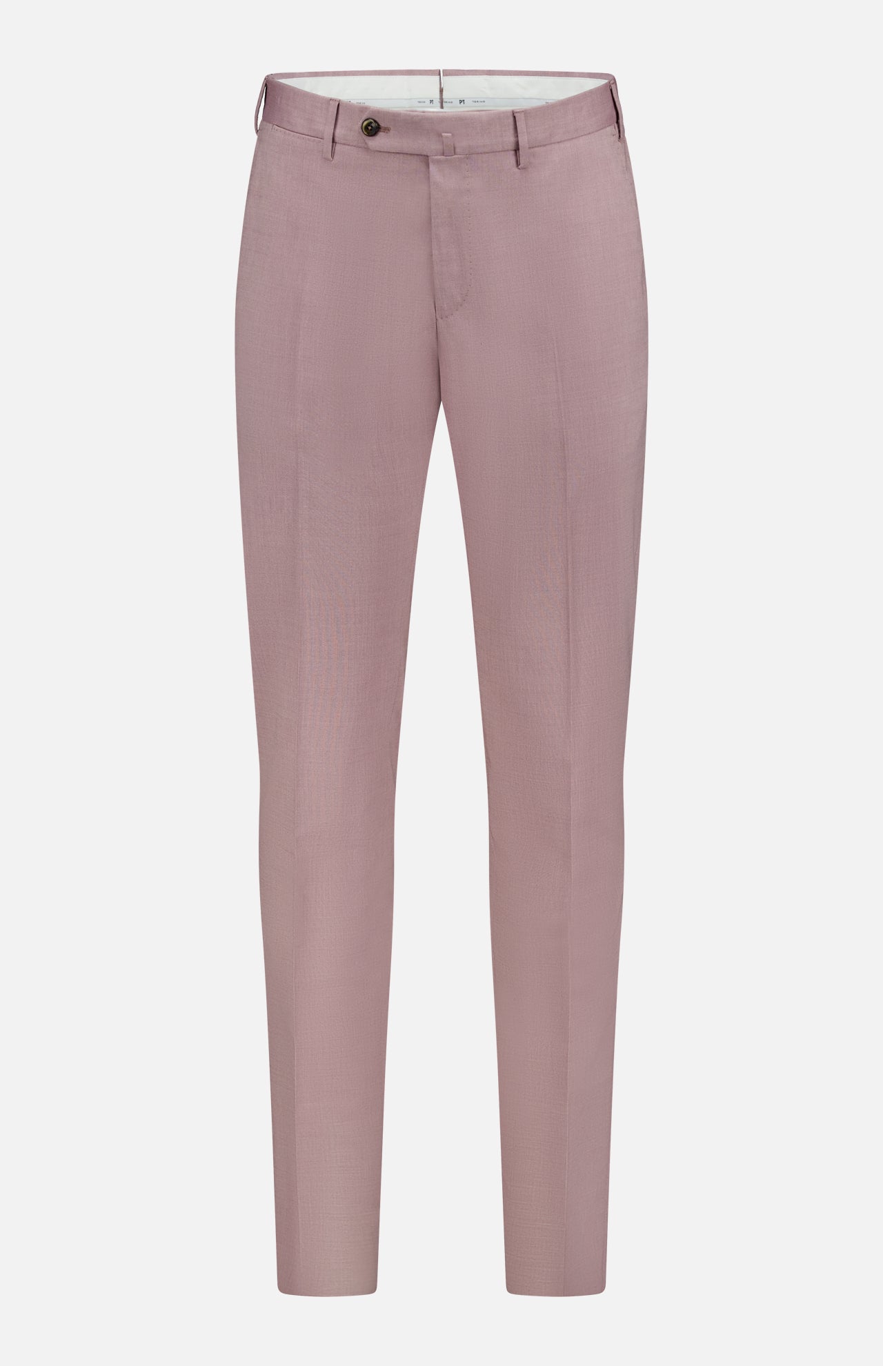 PT TORINO Wool & Cotton Stretch Oxford Trouser Pants in light pink for men feature a slim fit, front button and zip closure, belt loops, and side pockets, shown on a plain white background.