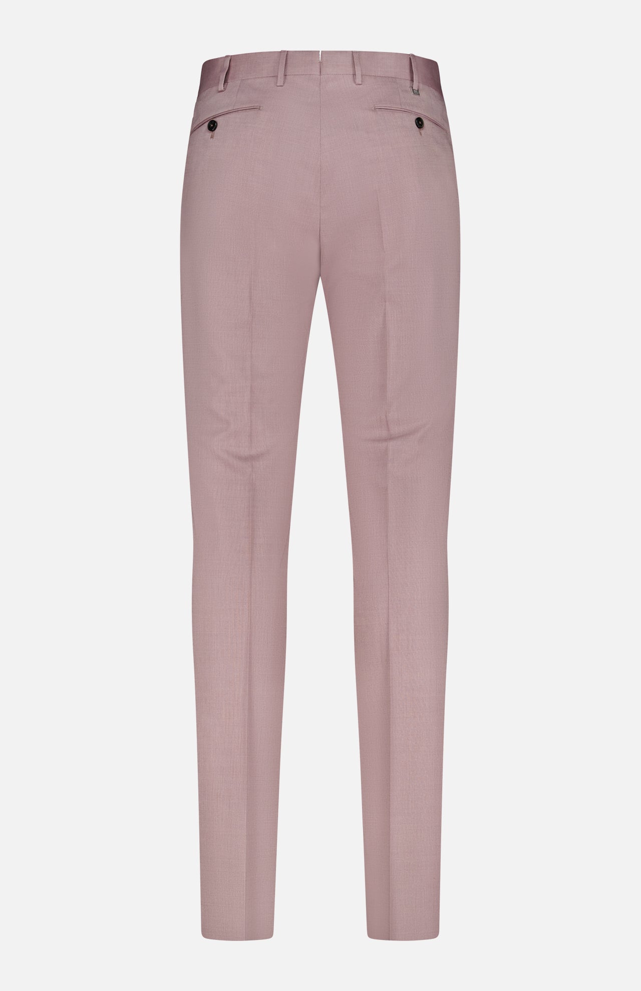 Back view of PT TORINO Wool & Cotton Stretch Oxford Trouser Pants in light pink, featuring belt loops, two buttoned back pockets, and a slim fit in a soft wool-blend fabric.