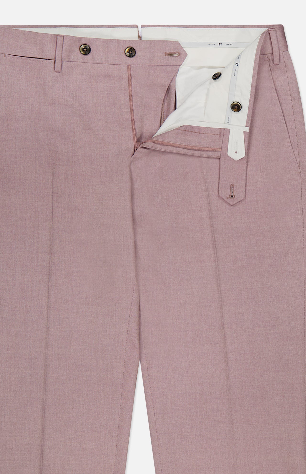 The PT TORINO Wool & Cotton Stretch Oxford Trouser Pants in light pink feature a partially open front with white lining, zipper, and button closure. Belt loops and brown buttons at the waistband provide a polished look.