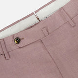 Close-up of PT TORINO Wool & Cotton Stretch Oxford Trouser Pants in mauve, featuring a button closure, belt loops, and a partially visible white waistband lining against a plain background.