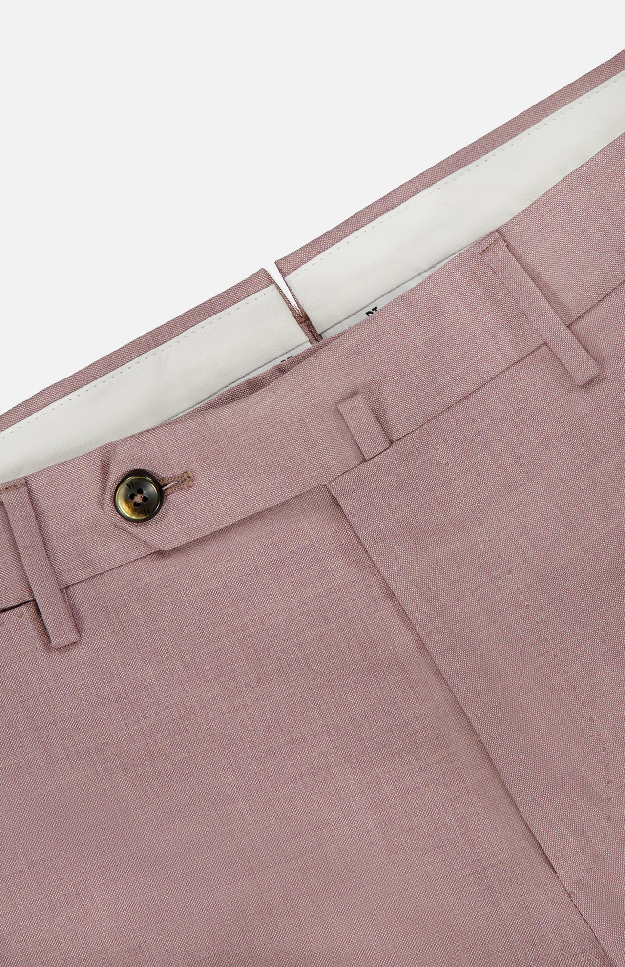 Close-up of PT TORINO Wool & Cotton Stretch Oxford Trouser Pants in mauve, featuring a button closure, belt loops, and a partially visible white waistband lining against a plain background.