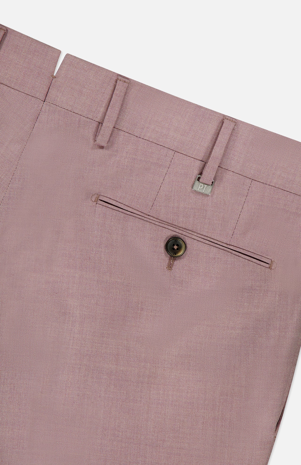 Close-up of PT TORINO Wool & Cotton Stretch Oxford Trouser Pants in light mauve, featuring a back pocket with button closure, belt loops, and a small metallic tag above the pocket on a white background.
