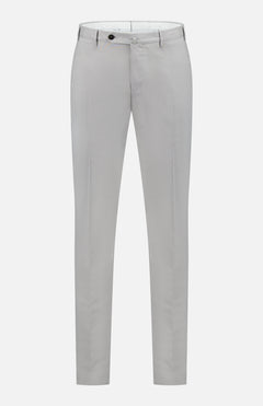 The PT TORINO Wool & Cotton Stretch Oxford Trouser Pants are slim fit in light gray, featuring a single black button, zipper closure, front pockets, and belt loops, shown against a white background.