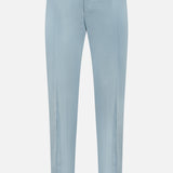 The PT TORINO Wool Blended Solaro Trouser Pants feature a light blue hue, slim fit, belt loops, front button closure, and side pockets for an office chic look. Shown here on a plain white background.