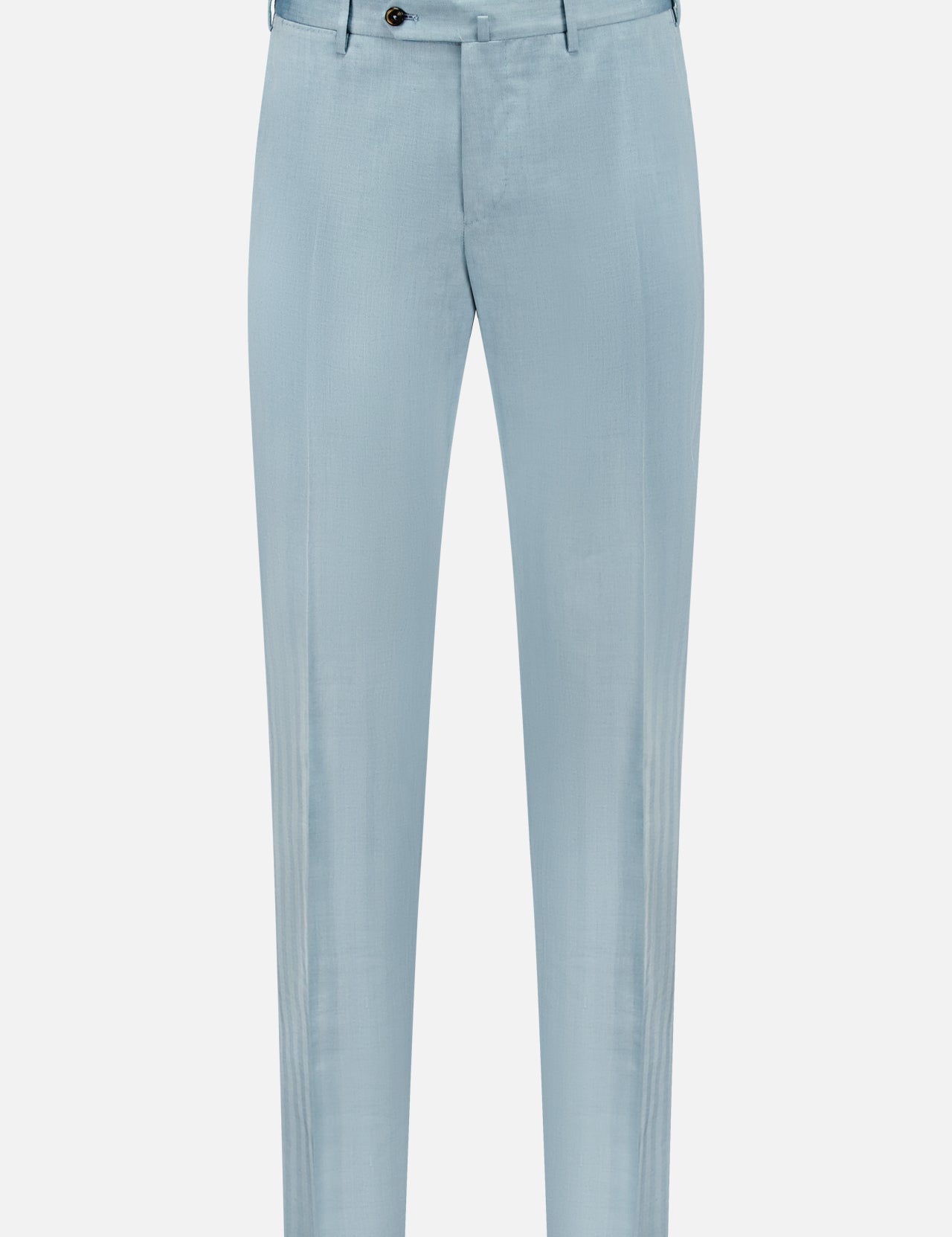 The PT TORINO Wool Blended Solaro Trouser Pants feature a light blue hue, slim fit, belt loops, front button closure, and side pockets for an office chic look. Shown here on a plain white background.