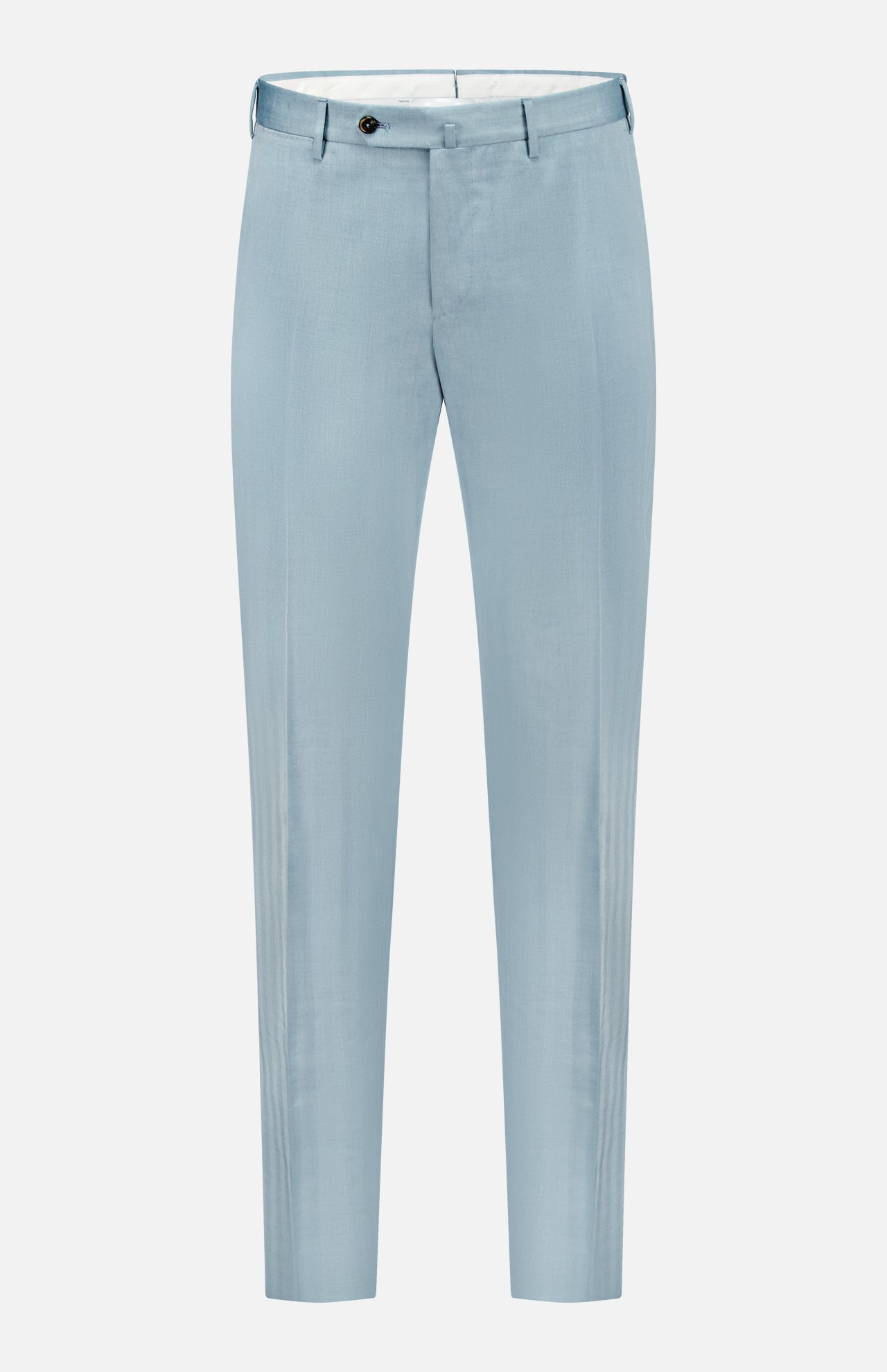 The PT TORINO Wool Blended Solaro Trouser Pants feature a light blue hue, slim fit, belt loops, front button closure, and side pockets for an office chic look. Shown here on a plain white background.