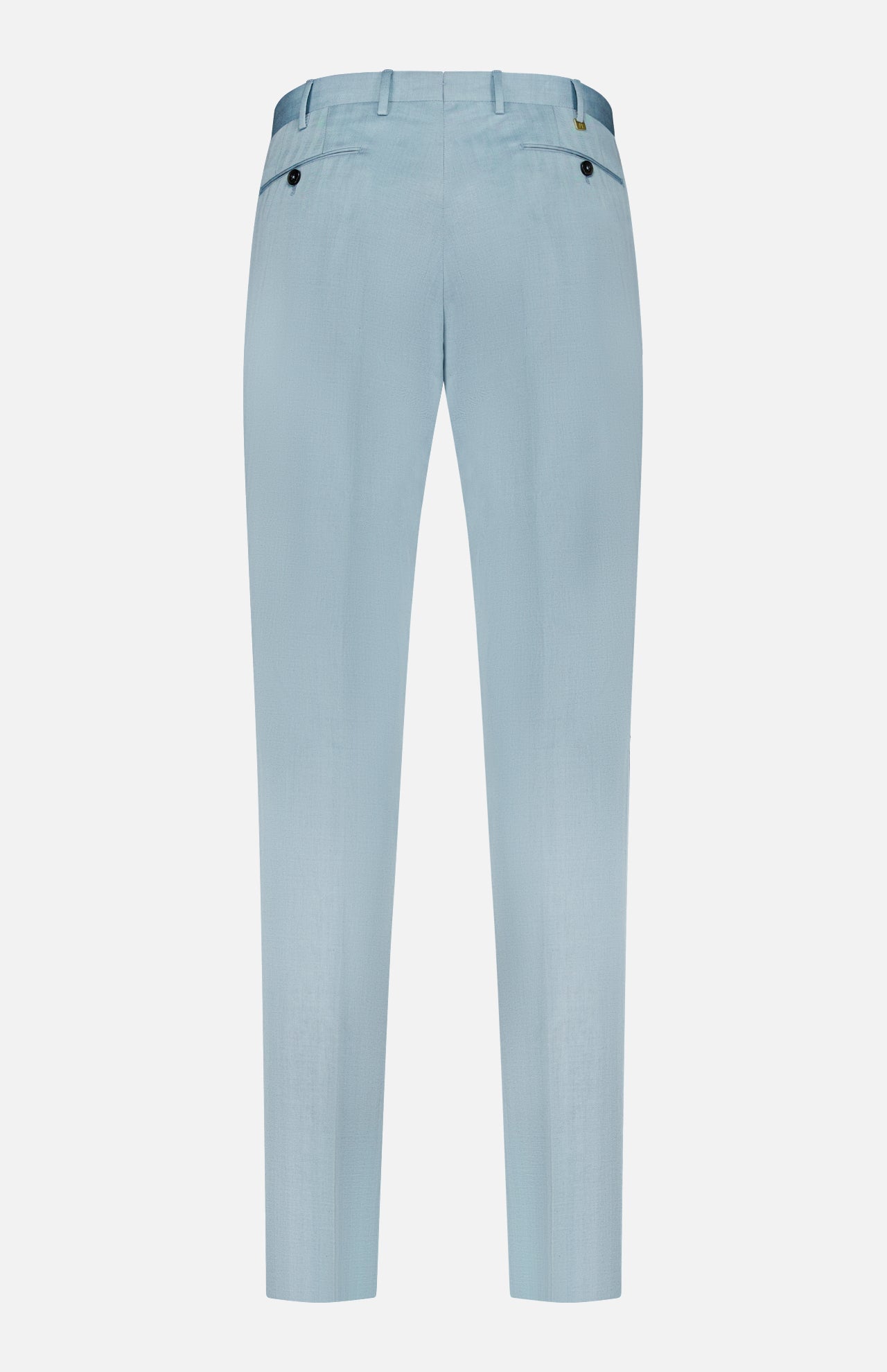 Back view of PT TORINO Wool Blended Solaro Trouser Pants in light blue, featuring belt loops, two buttoned back pockets, and a tailored fit—ideal for polished office style.