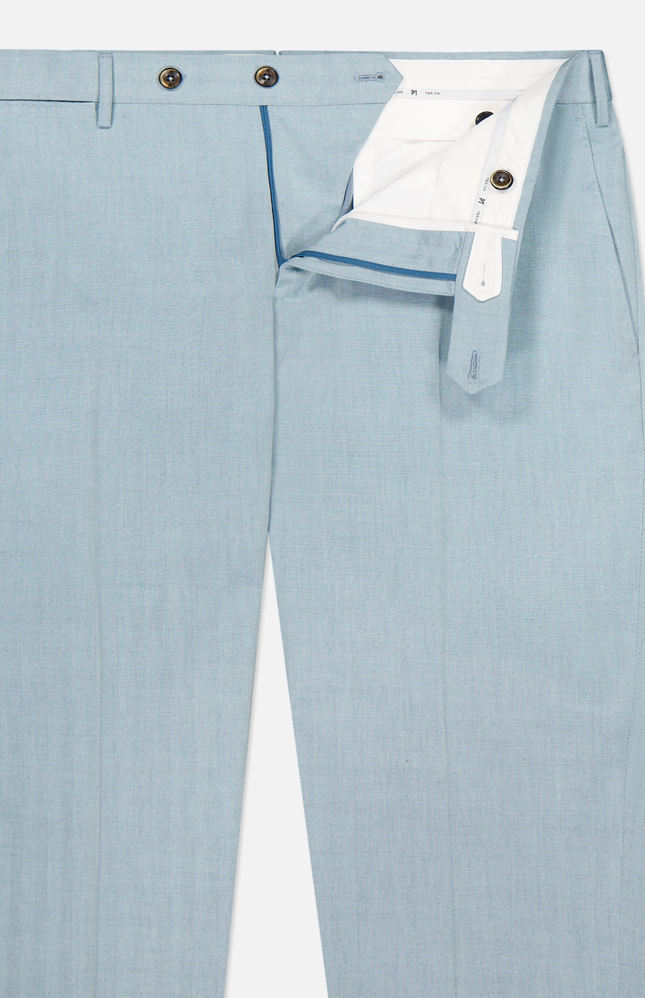 The PT TORINO Wool Blended Solaro Trouser Pants feature a partially open waistband that reveals the white lining and button closures. Designed with visible belt loops and a zipper fly, these tailored pants offer an office-ready, chic look.