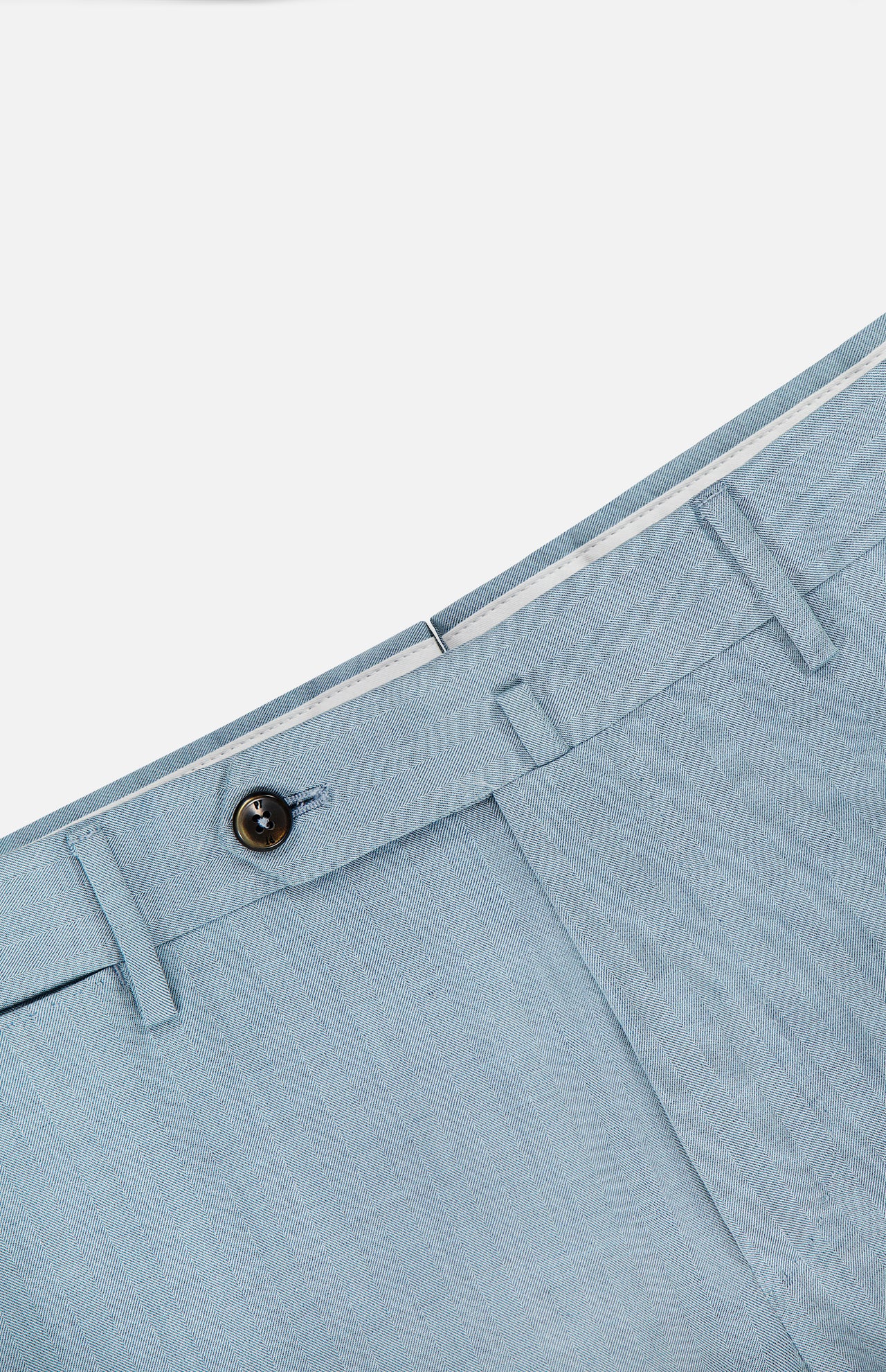 Close-up of PT TORINO Wool Blended Solaro Trouser Pants in light blue, featuring a brown button, belt loops, and fly against a white background—an elegant choice for an office chic look.