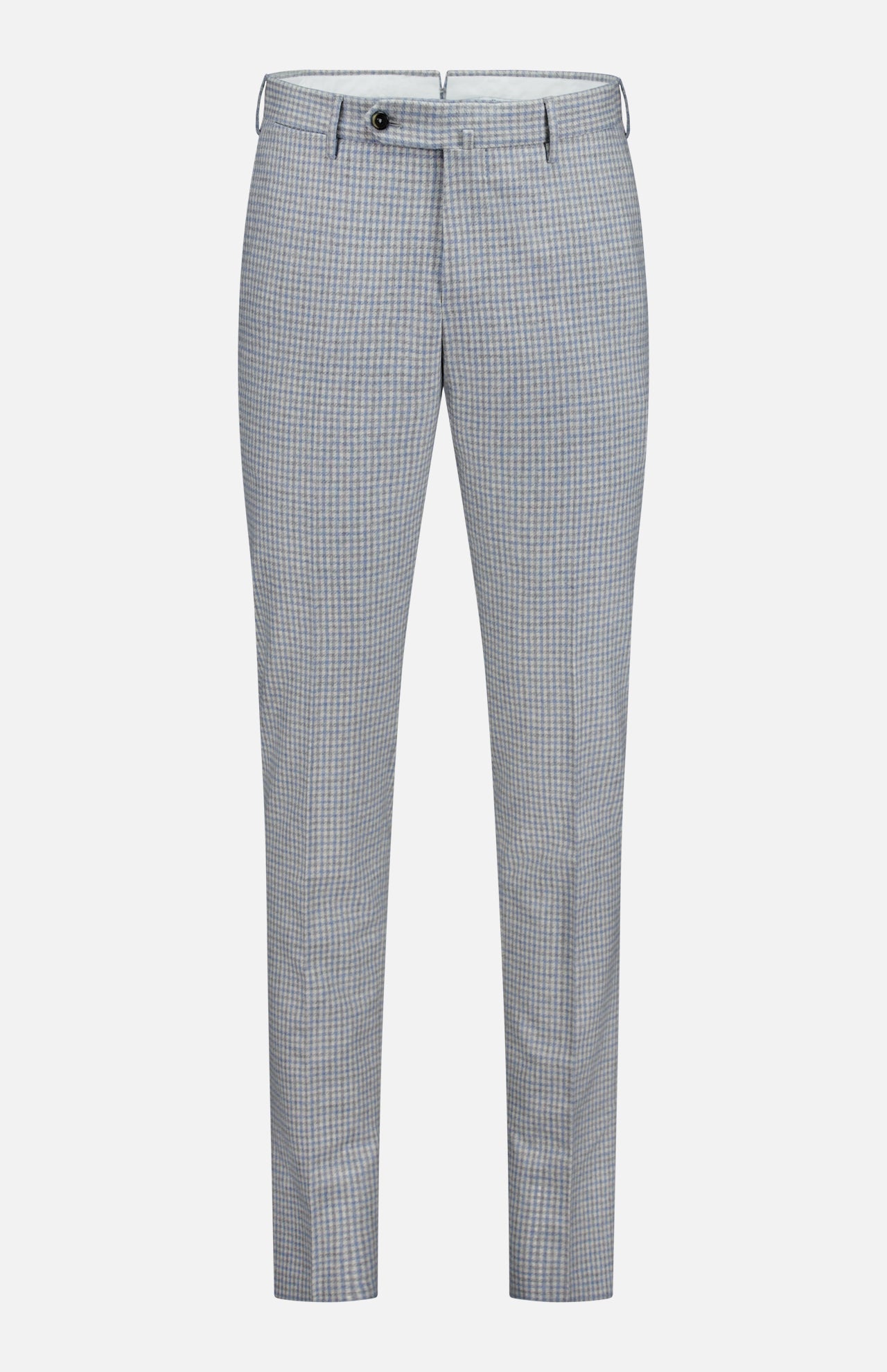 The PT TORINO Wool Cashmere Flannel Trouser Pants are light blue with a white check pattern, slim fit, and feature a waistband, belt loops, front button, and zipper; shown against a white background.