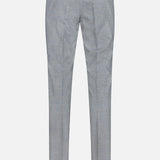 Back view of PT TORINO Wool Cashmere Flannel Trouser Pants in slim fit, featuring belt loops, two buttoned back pockets, and a light blue check pattern on a plain white background.