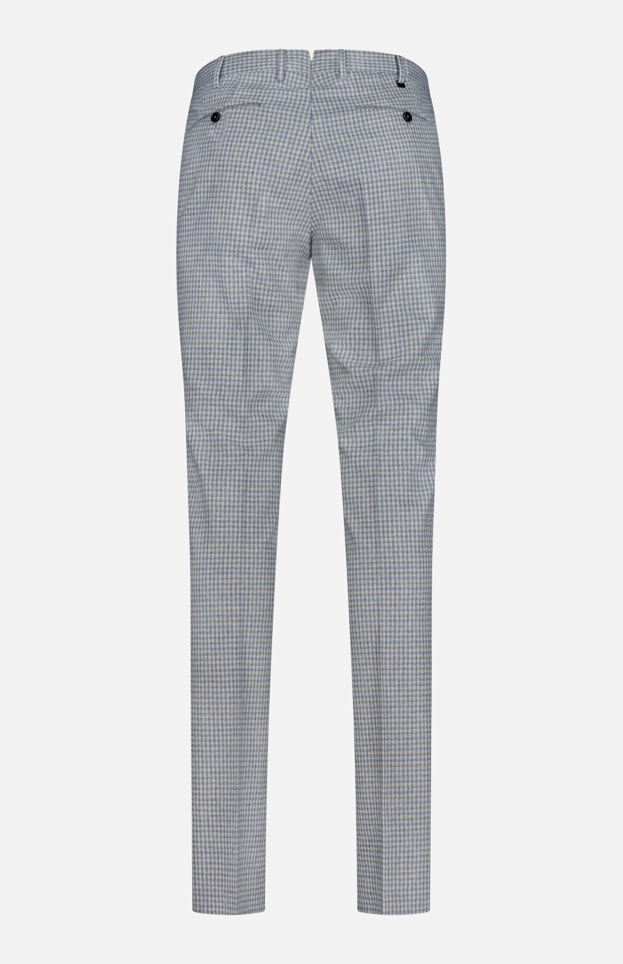 Back view of PT TORINO Wool Cashmere Flannel Trouser Pants in slim fit, featuring belt loops, two buttoned back pockets, and a light blue check pattern on a plain white background.