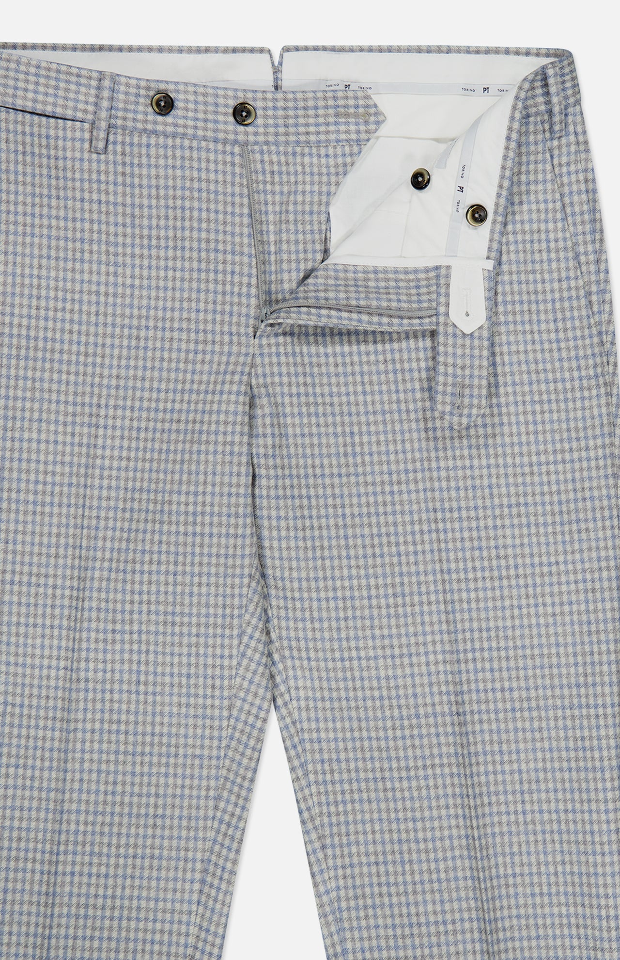 PT TORINO Wool Cashmere Flannel Trouser Pants in light blue check, shown partially unzipped to reveal the white inner waistband and button closures. Slim fit, subtle pattern, tailored for a formal look.